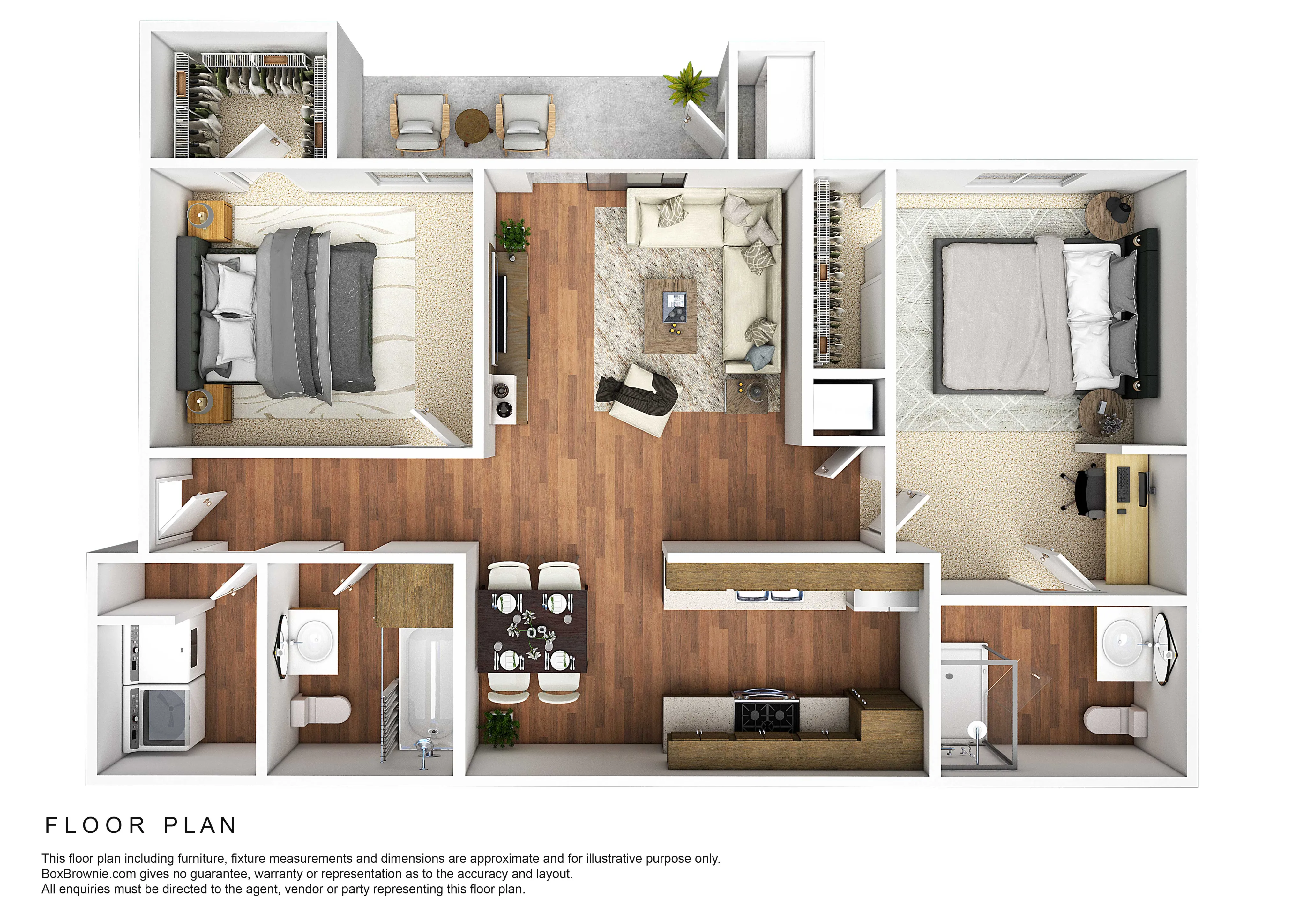 Modern floor plan showcasing 2 bedrooms, spacious living area, and a sleek kitchen with dining space. Perfect blend of comfort and style.