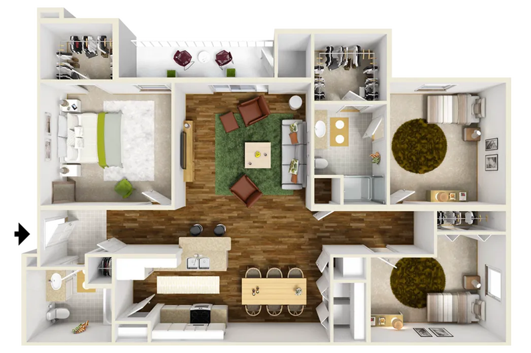 Modern 3D floor plan showcasing 3 bedrooms, open-concept living and dining area, and a sleek kitchen.