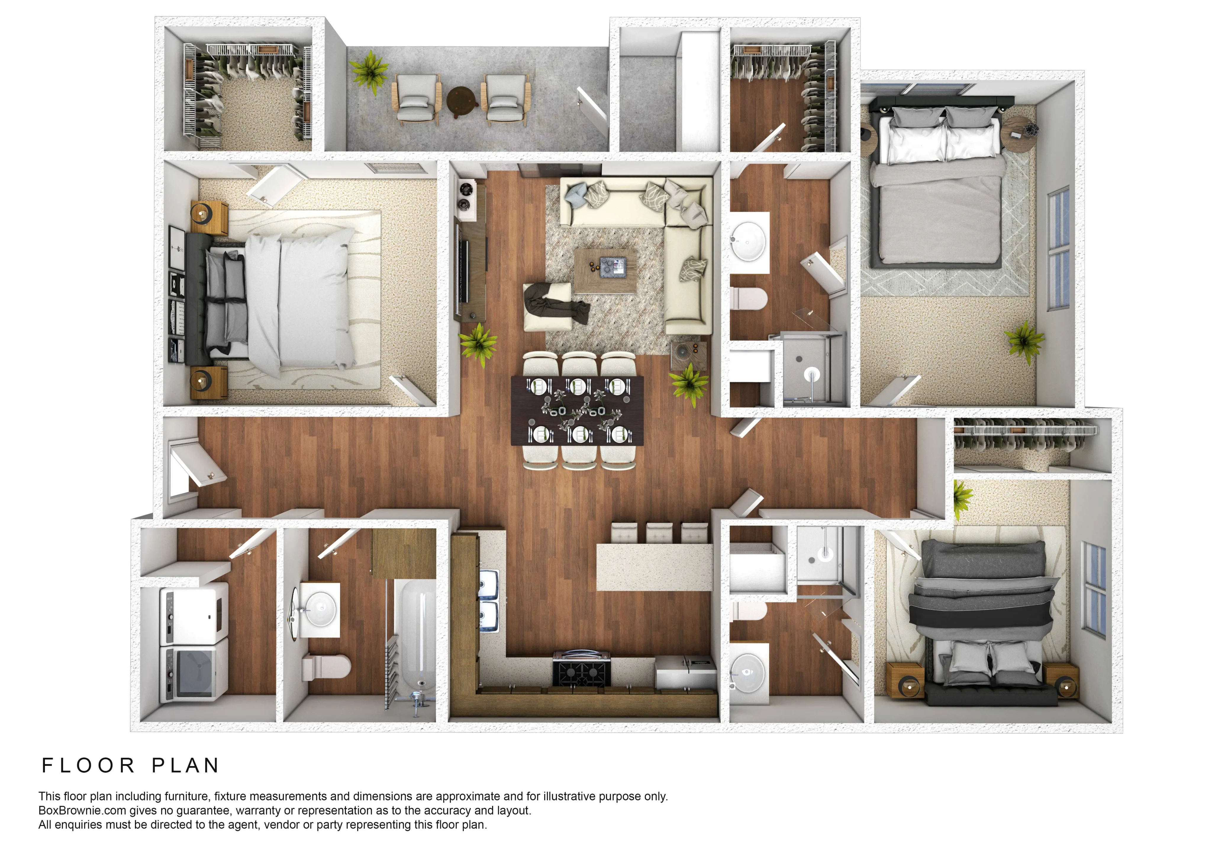 Modern floor plan with 3 spacious bedrooms, an open-concept living and dining area, sleek kitchen, and two stylish bathrooms.