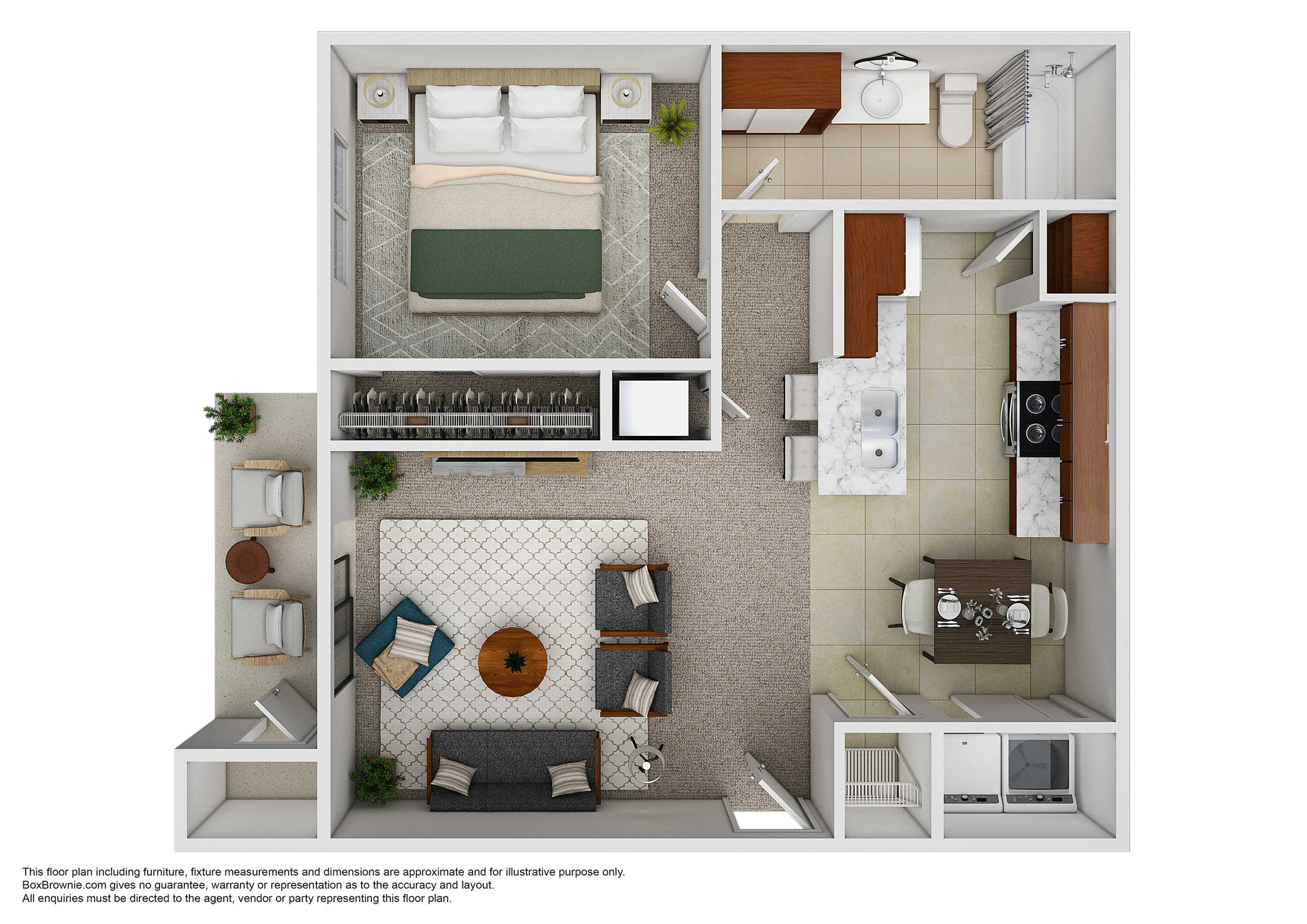 Elegant 1-bedroom apartment floor plan with open living area, modern kitchen, and cozy outdoor patio.