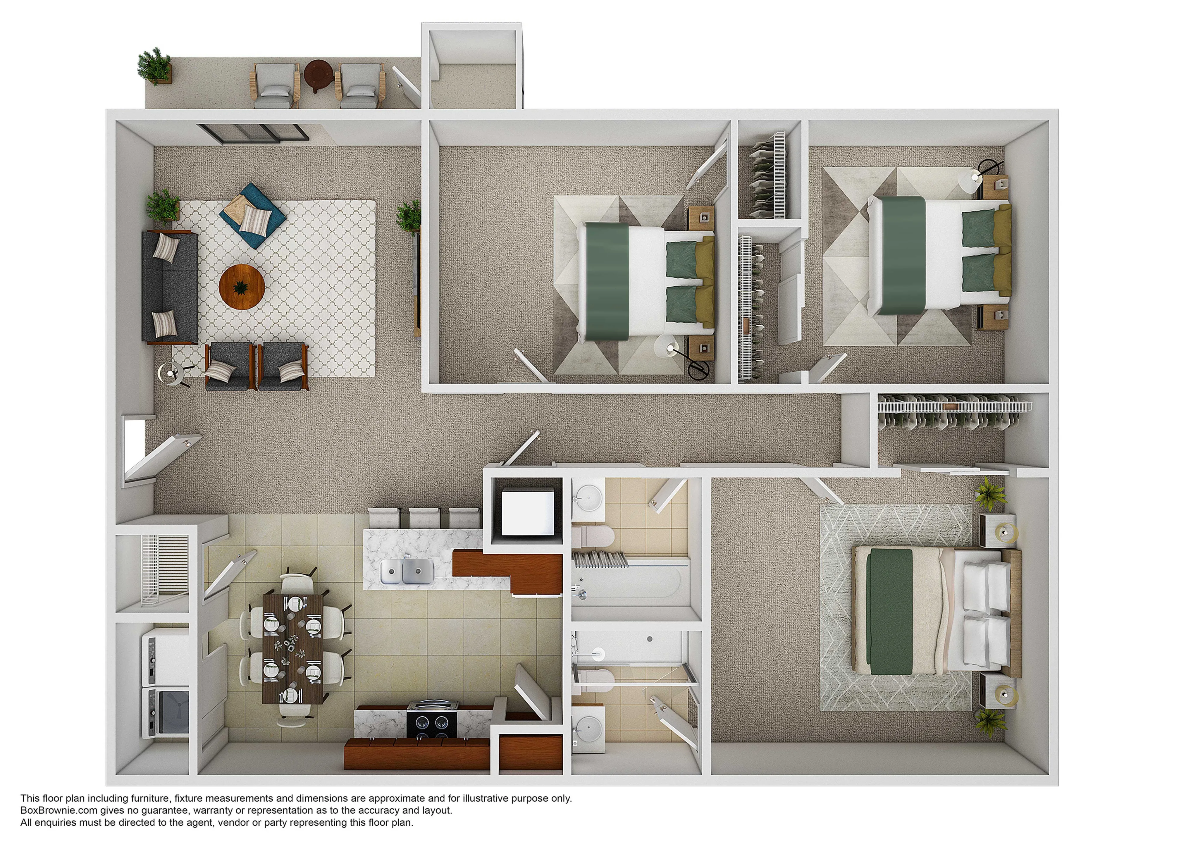 Modern floor plan showcasing three spacious bedrooms, an elegant living room with plush seating, and a functional kitchen with dining area.