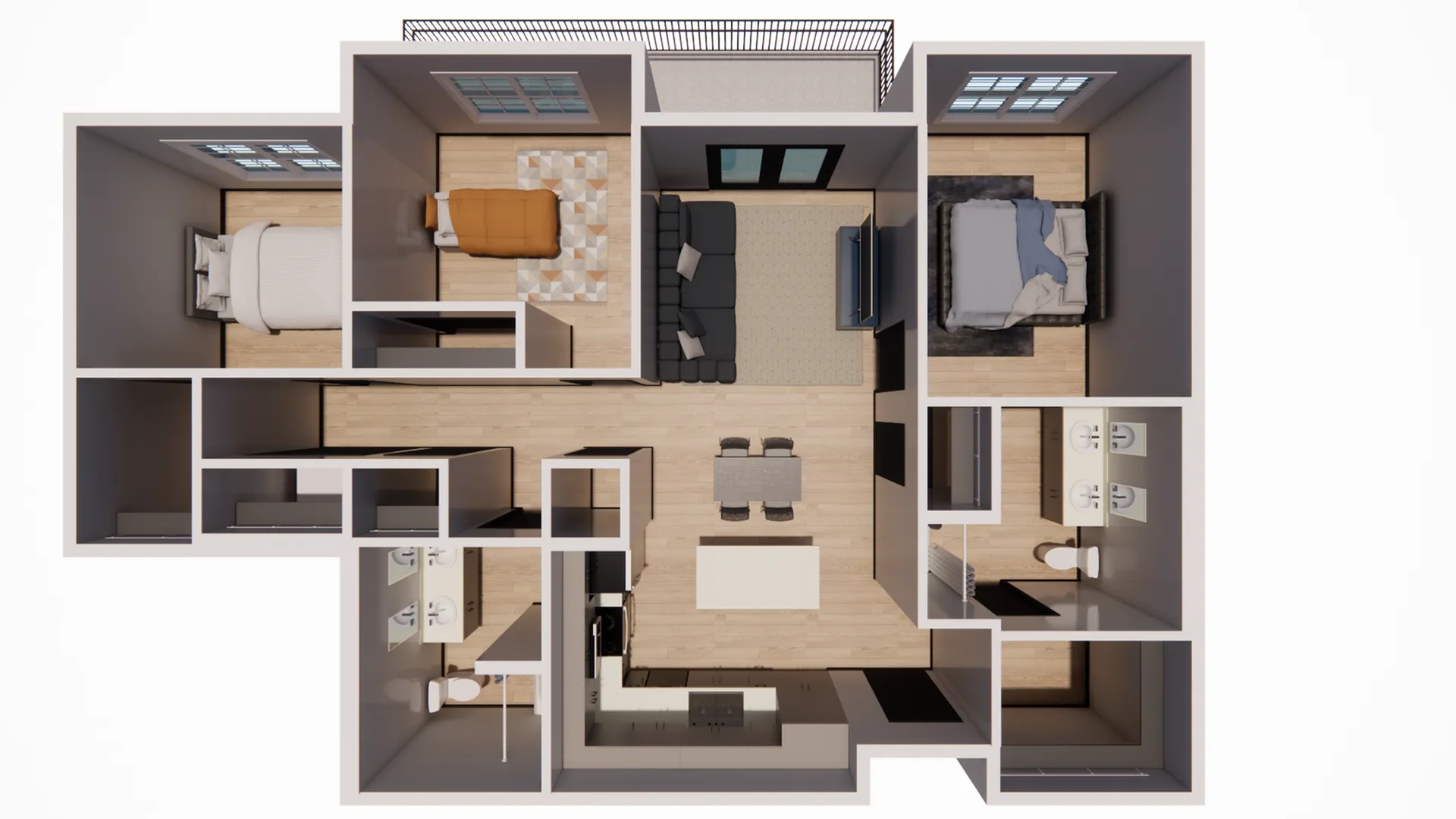 Contemporary 3D floor plan showcasing 2 bedrooms, a modern kitchen, open dining area, and inviting living room with balcony access.