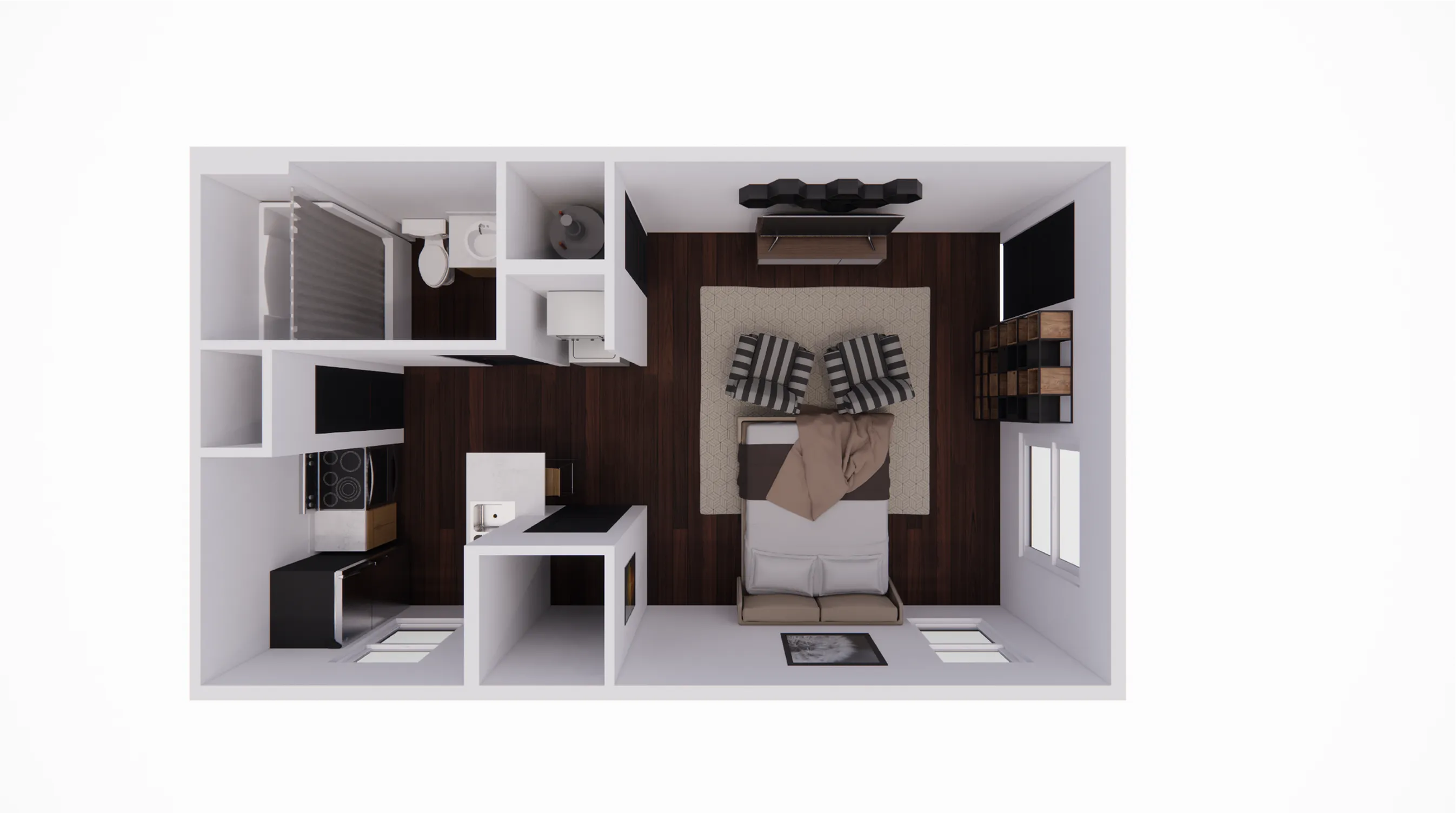 Modern studio apartment floor plan showcasing a sleek kitchen, cozy sleeping area, and compact bathroom with sophisticated dark wood flooring.
