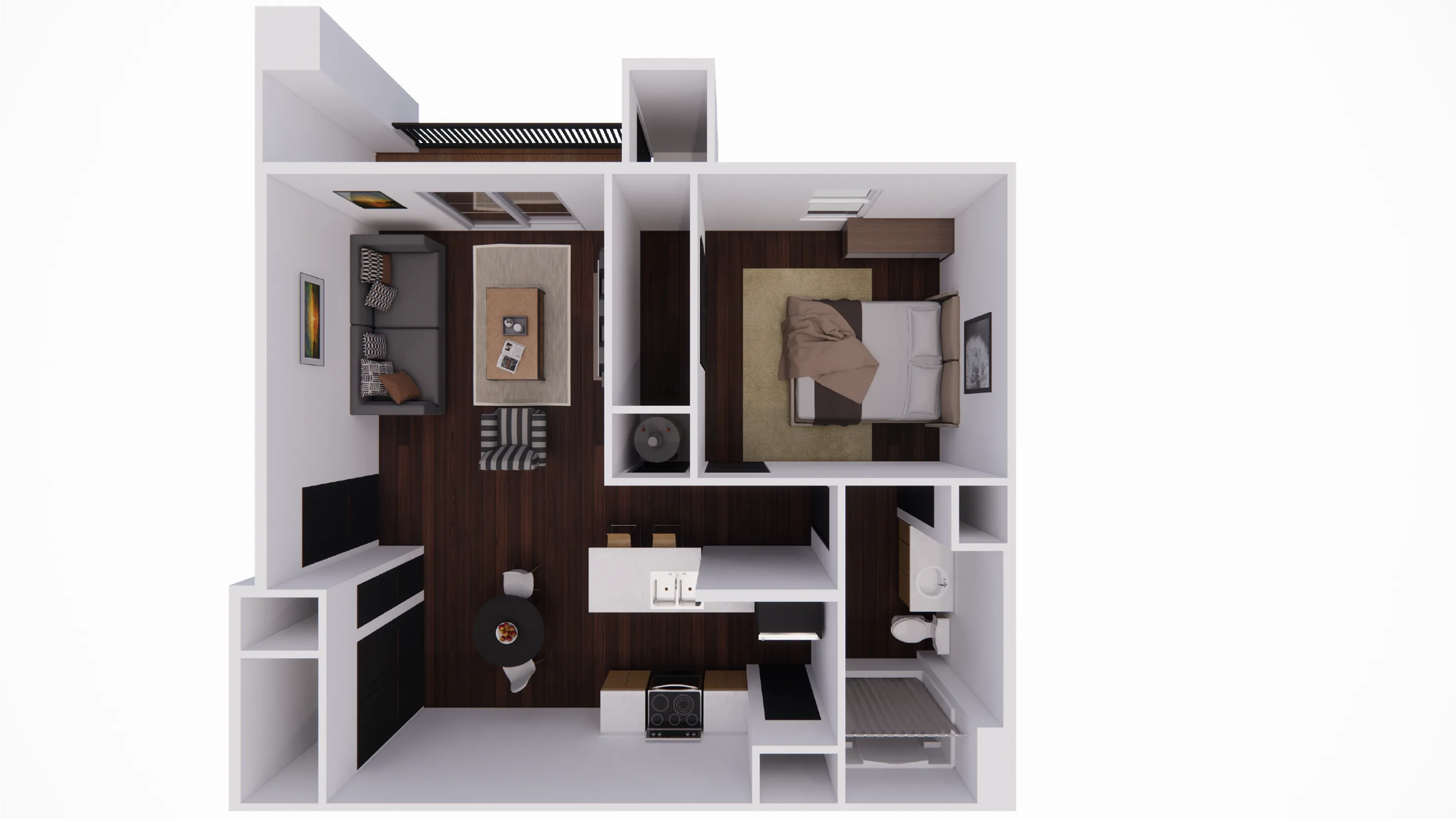Modern 1-bedroom apartment floor plan with open-concept living area, stylish kitchen, and cozy bedroom.