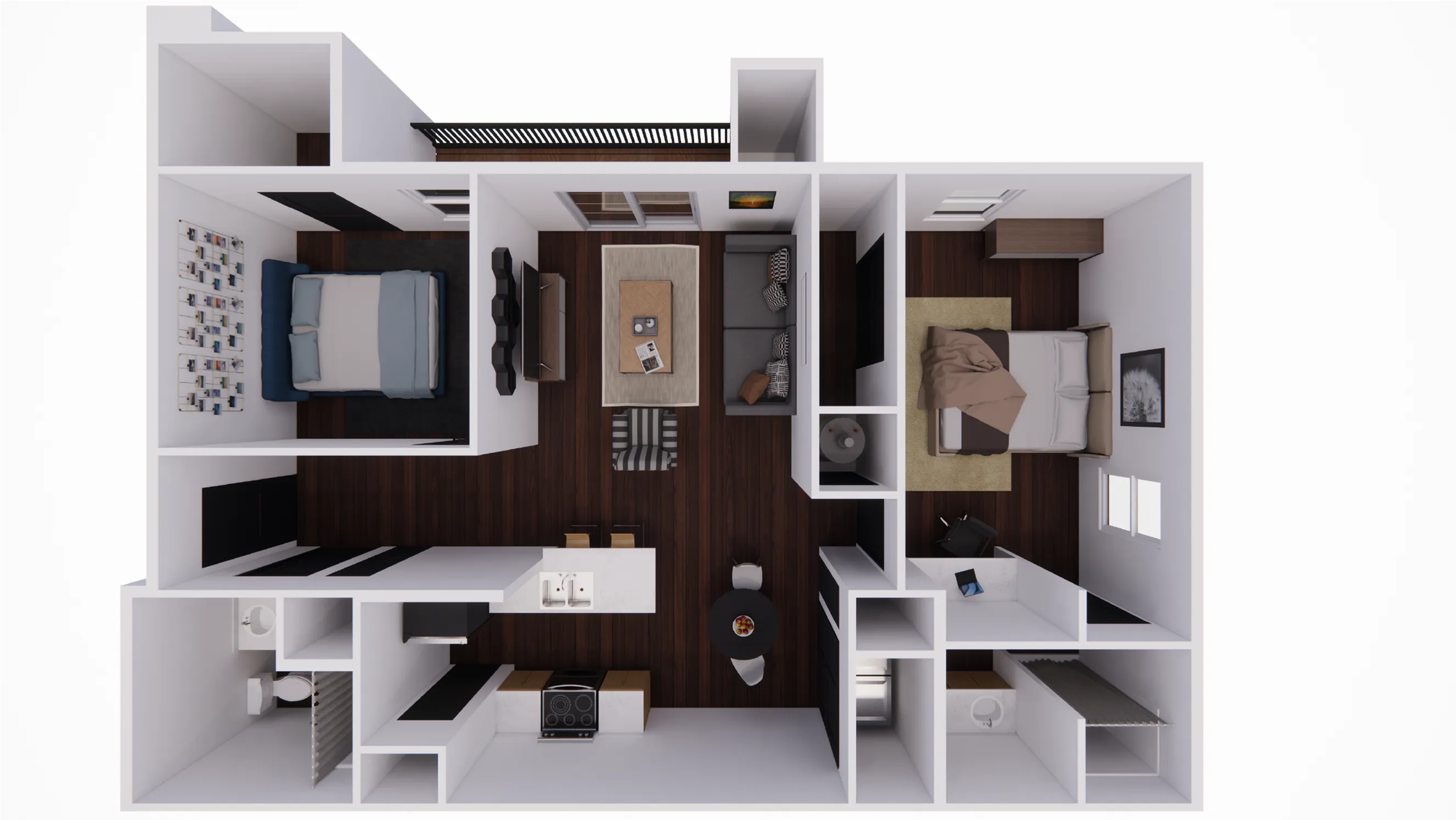 Modern 3D floor plan showcasing two cozy bedrooms with ample natural light, an open-concept living area with stylish seating, and a sleek kitchen equipped with modern appliances.