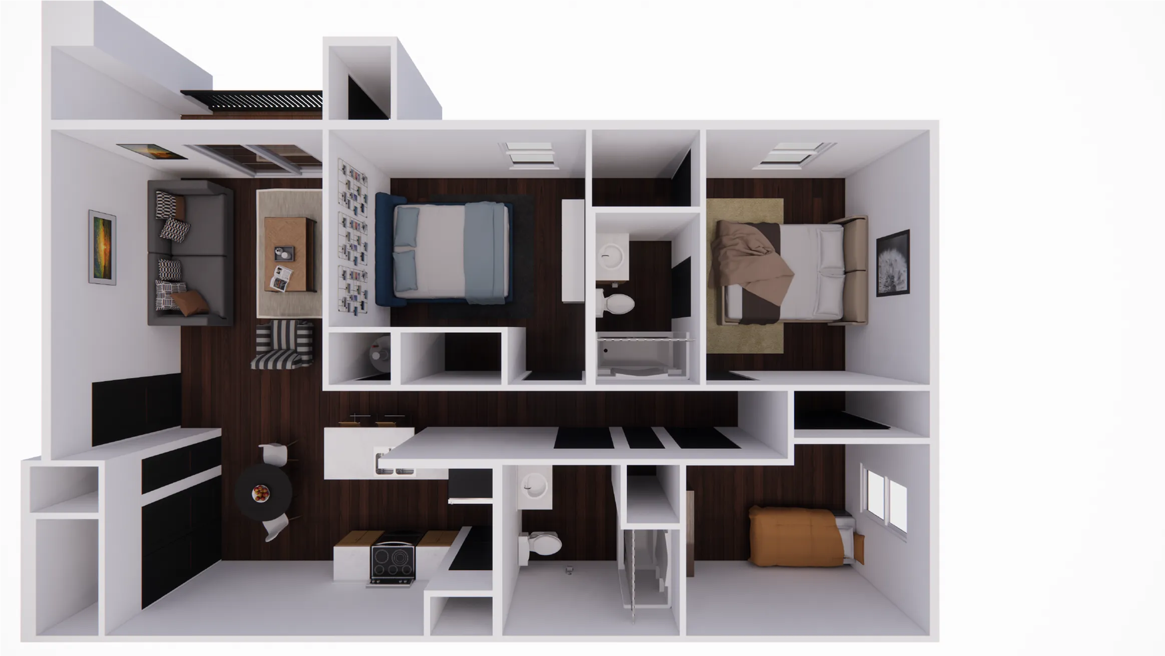 Modern 3D floor plan showcasing 2 elegant bedrooms, cozy living room, and a sleek kitchen with an open-concept dining area.