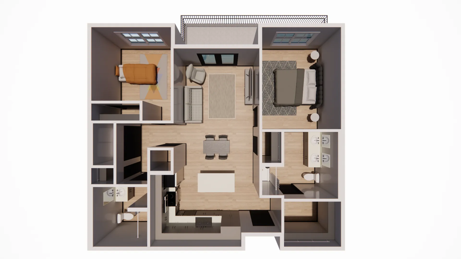 Modern 3D floor plan with 2 spacious bedrooms, an inviting living room, and a sleek kitchen, complemented by a chic balcony area.