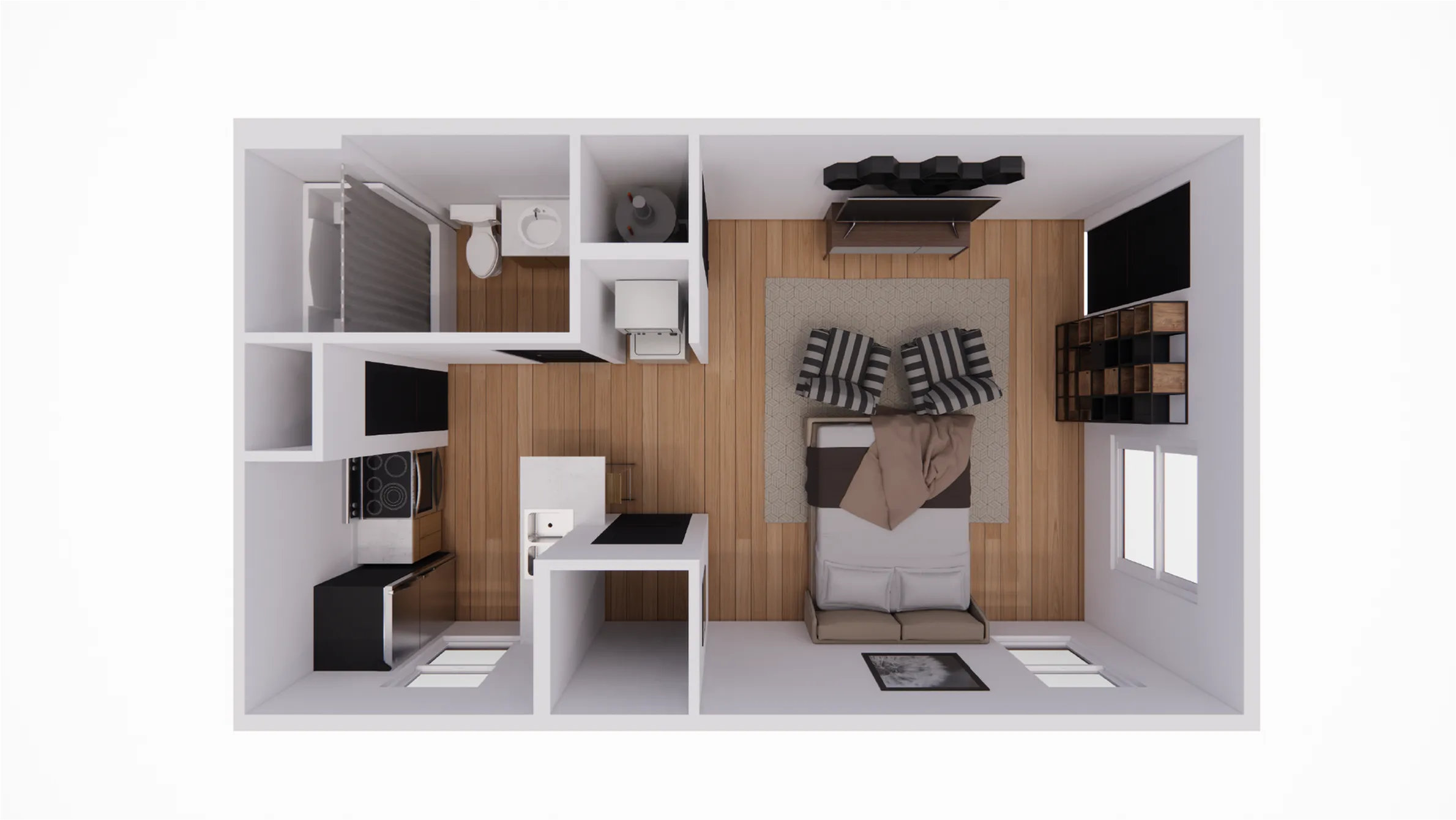 Chic studio apartment floor plan featuring a cozy living area, modern kitchen, and compact bathroom.
