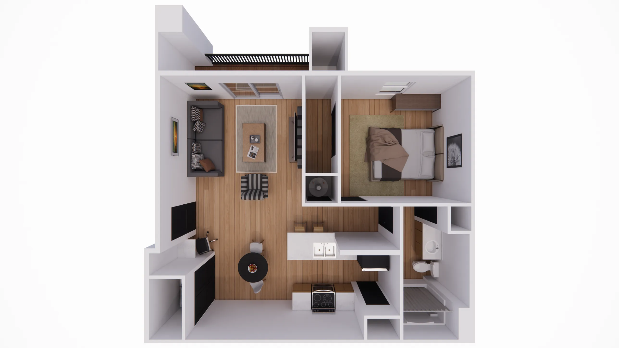 Modern 3D floor plan showcasing a cozy 1-bedroom apartment with an open living area, sleek kitchen, and elegant bathroom.