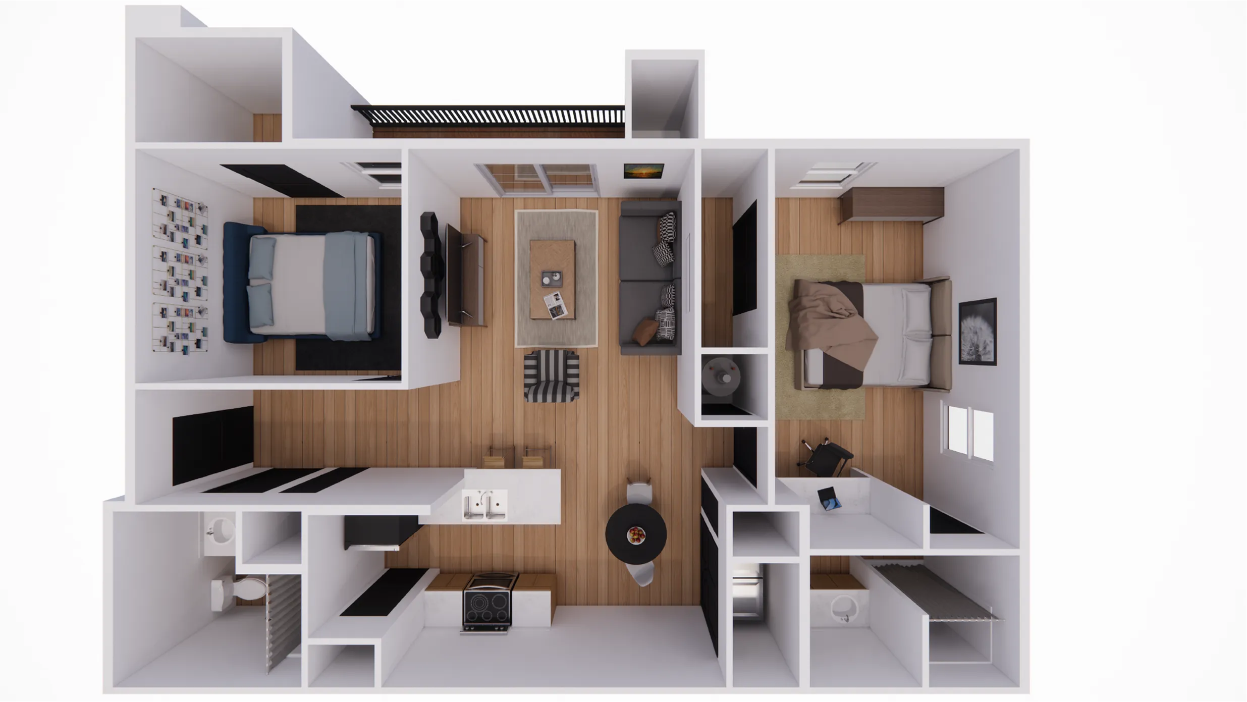 Modern 2-bedroom apartment floor plan with open-concept living area, elegant kitchen, and chic furnishings, perfect for urban living.