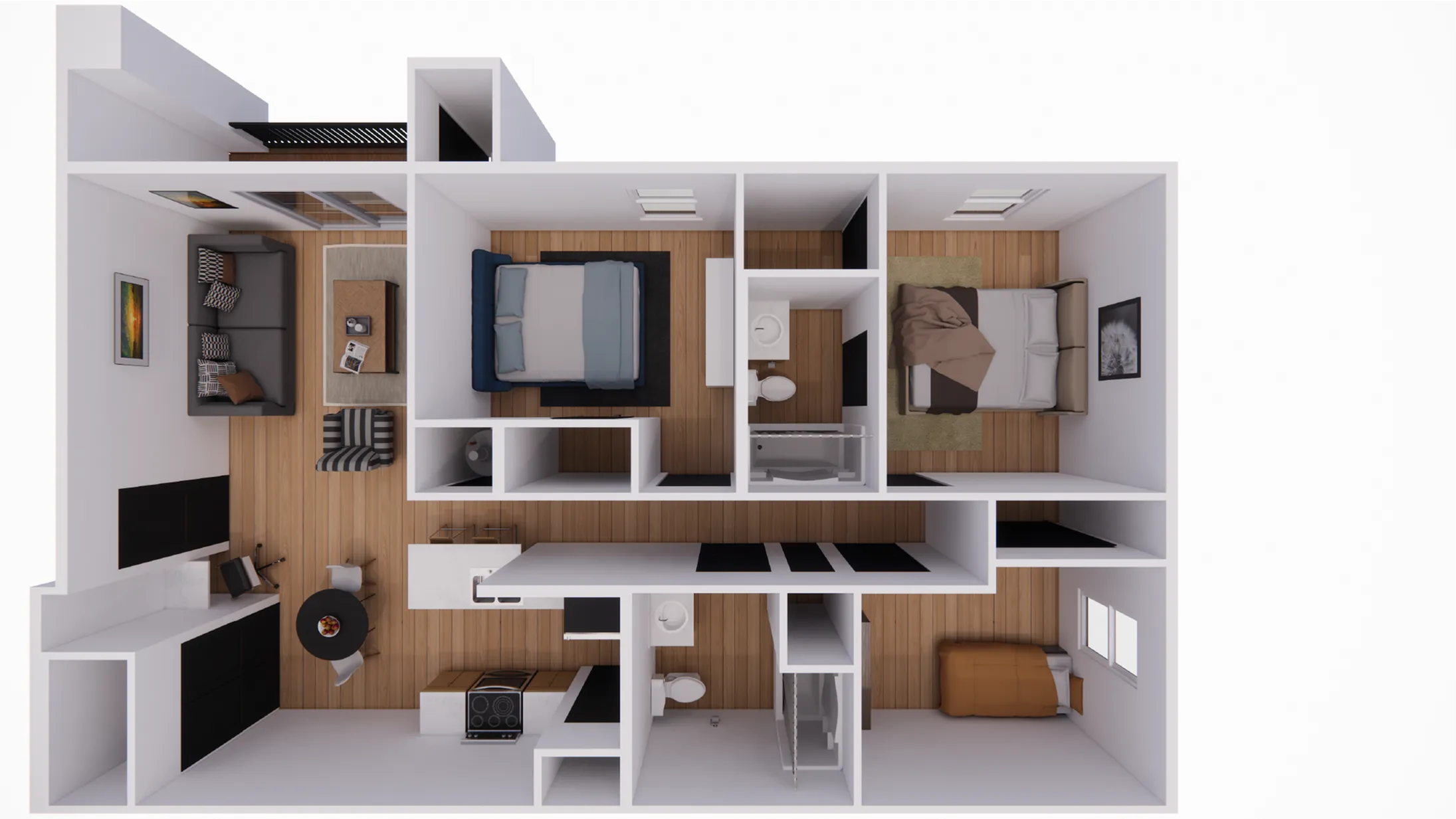Modern floor plan showcasing 2 bedrooms, stylish living area, sleek kitchen, and two elegant bathrooms with contemporary design.