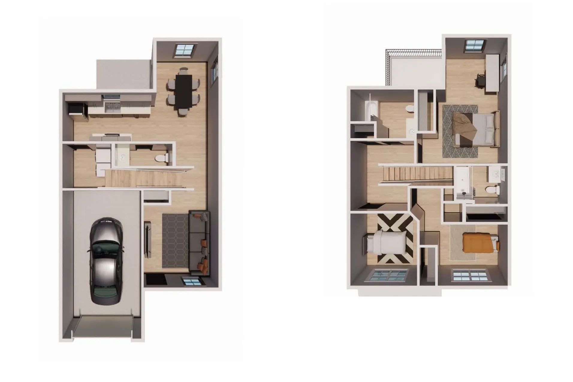 Modern 3D floor plan of a two-story apartment featuring open-concept living, three bedrooms, a spacious kitchen, and an attached garage.