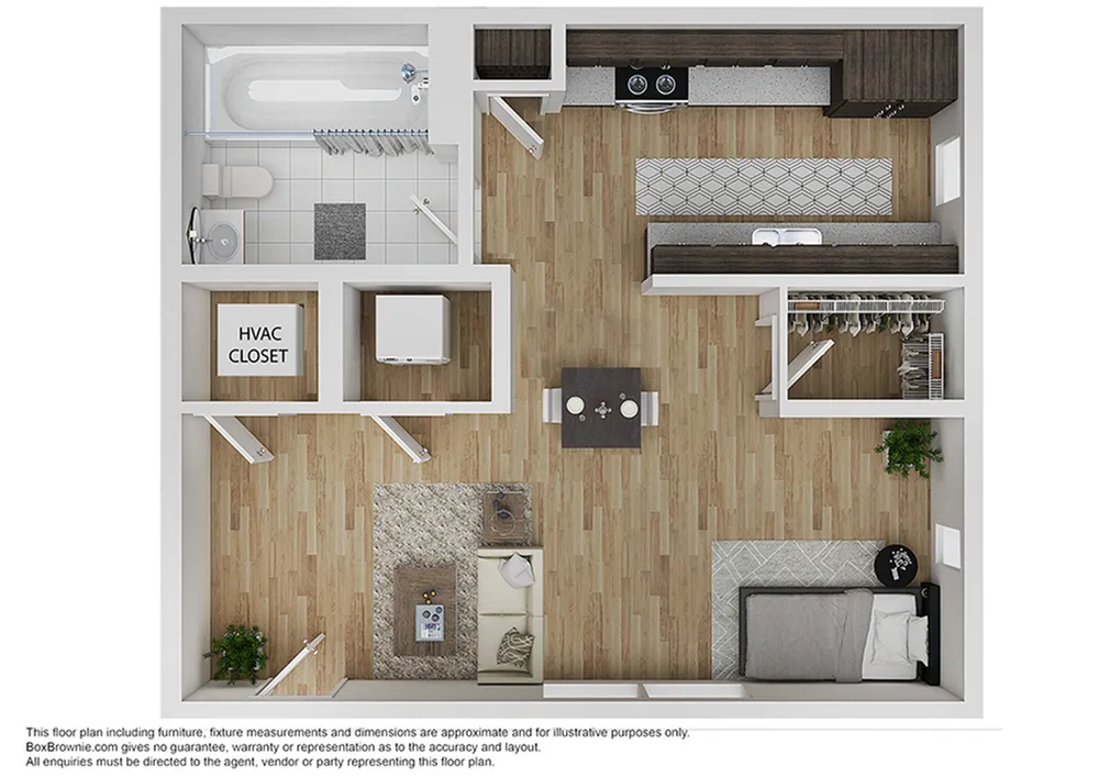 Contemporary 3D floor plan featuring a spacious bedroom, elegant bathroom, open living area with cozy seating, and a modern kitchen with dining space, ideal for efficient living.