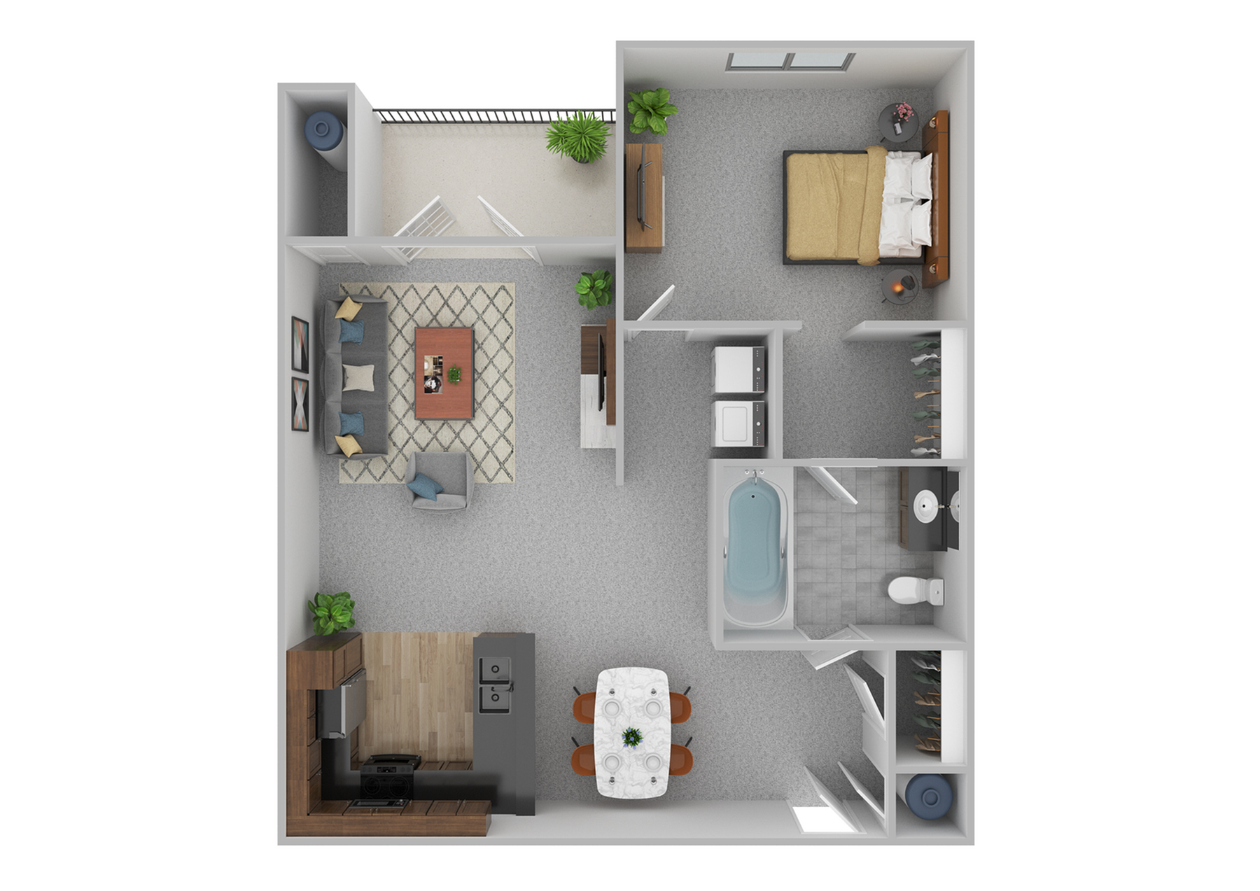 Modern 3D floor plan featuring one spacious bedroom, cozy living room, sleek kitchen, and private balcony.