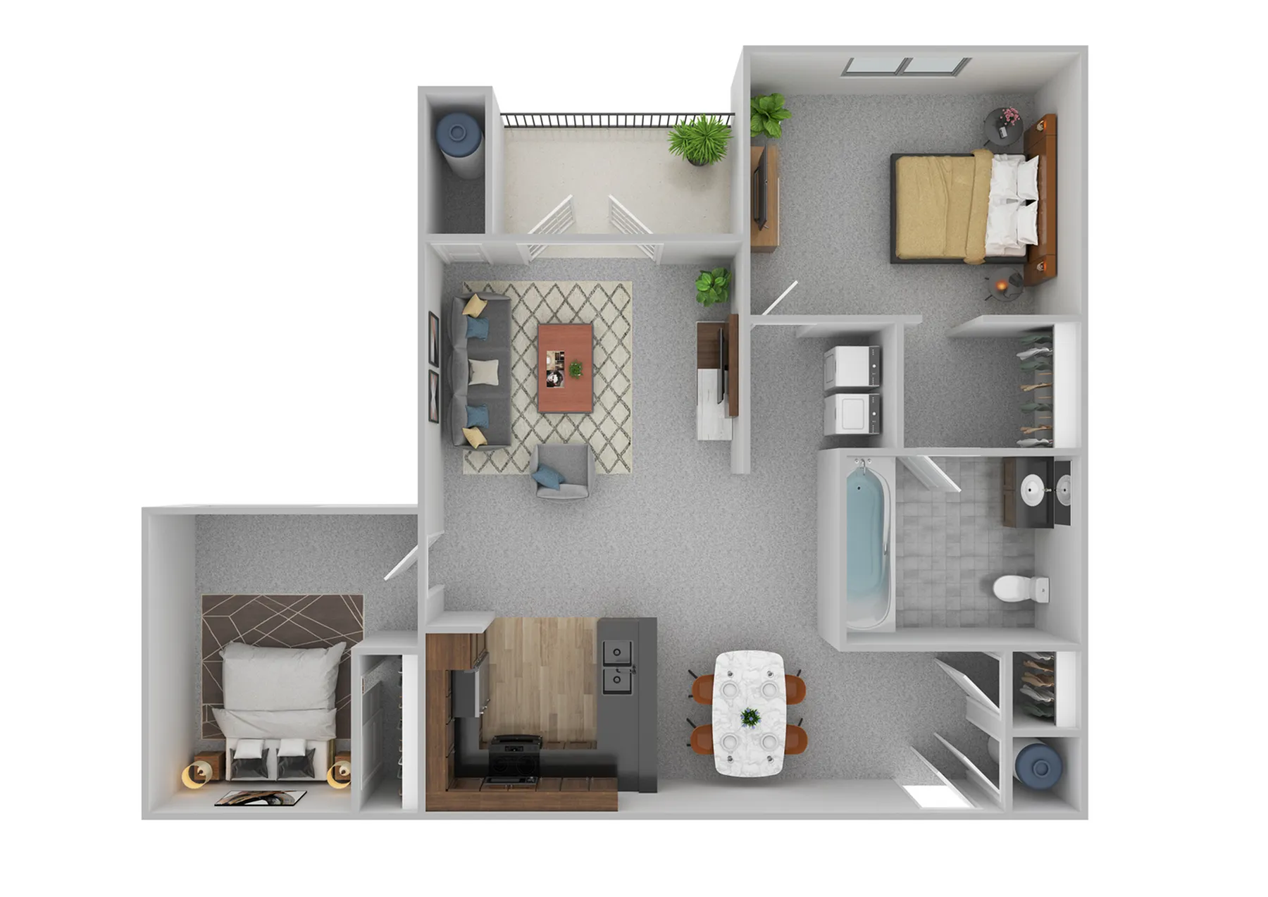 Elegant 2D floor plan featuring 2 bedrooms, a modern kitchen, cozy living room, and spacious bathroom, perfect for comfortable urban living.