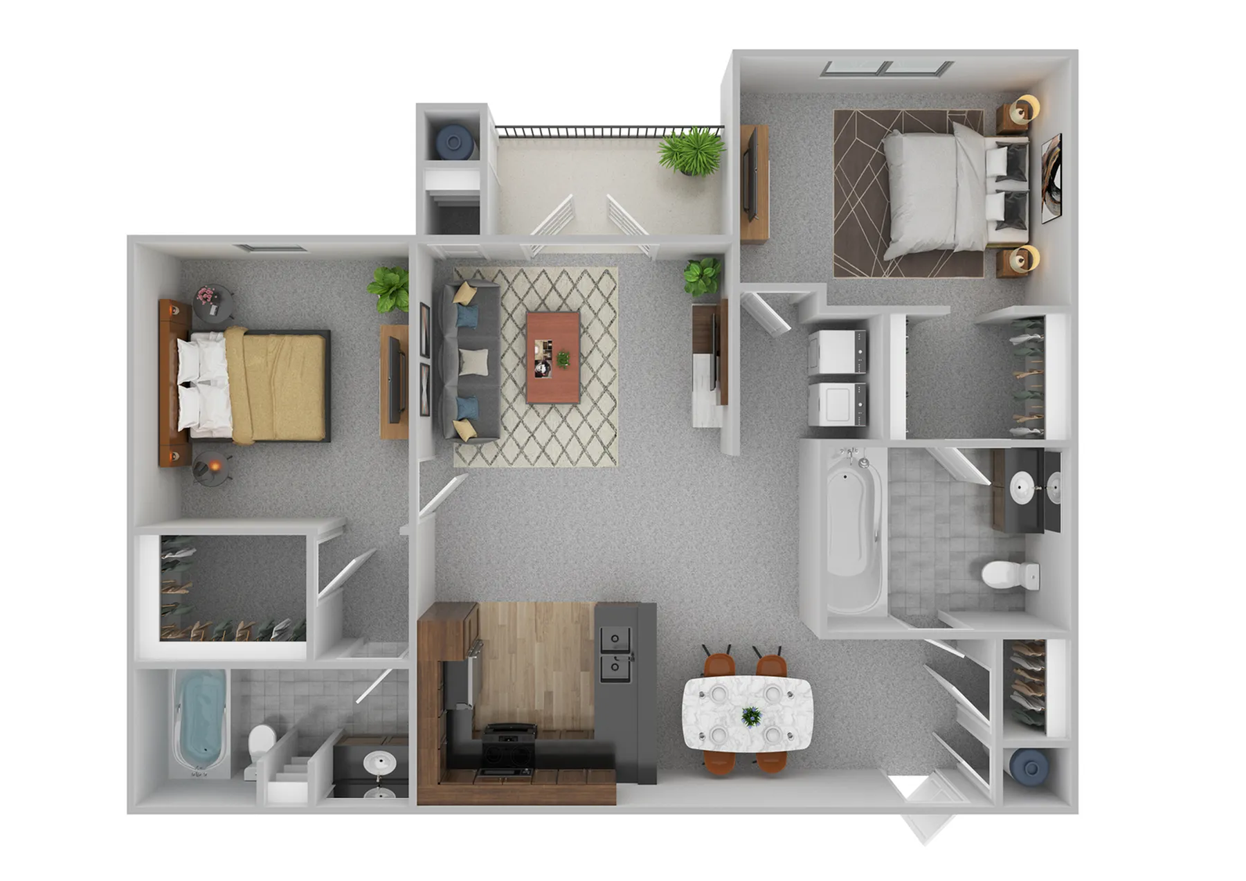 Elegant 2D floor plan showcasing 2 spacious bedrooms, a cozy living area, and a modern kitchen with dining space.
