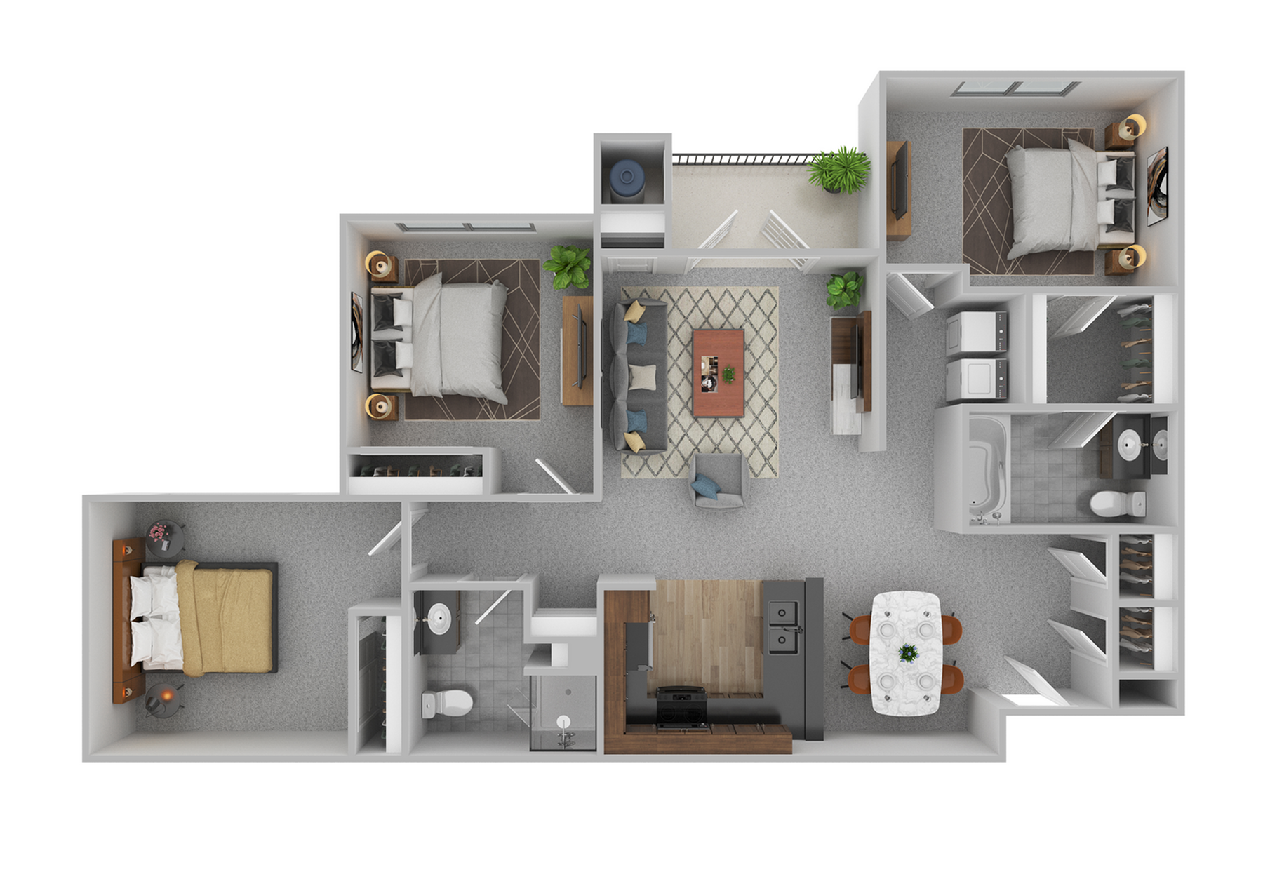 Modern 3D floor plan showcasing 3 bedrooms, cozy living room with balcony access, open kitchen, and two elegant bathrooms.