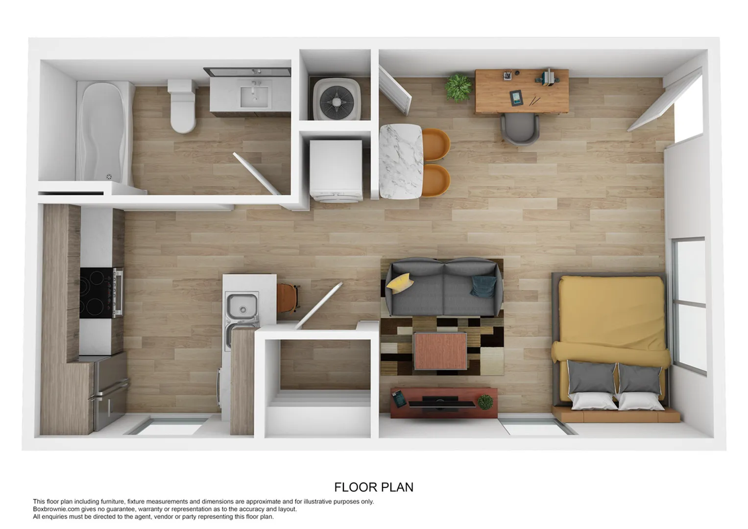Modern open-concept floor plan featuring a bedroom, spacious living area, sleek kitchen, and stylish workspace.