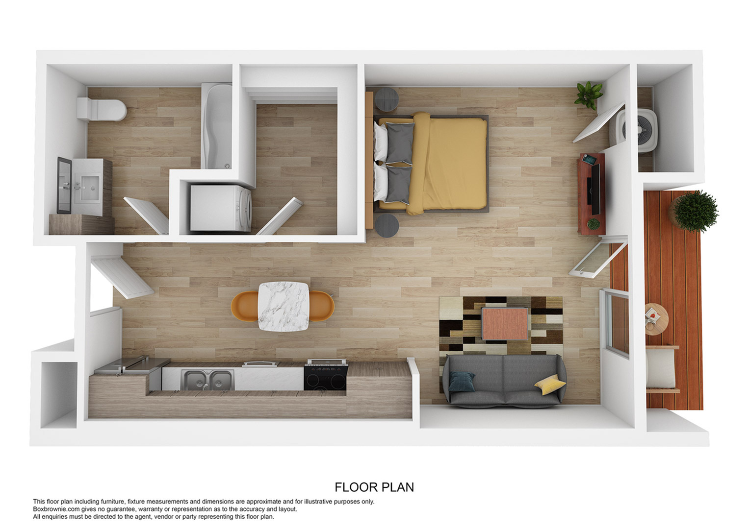 Chic 3D floor plan showcasing a spacious one-bedroom apartment with modern kitchen, cozy living area, and inviting balcony.