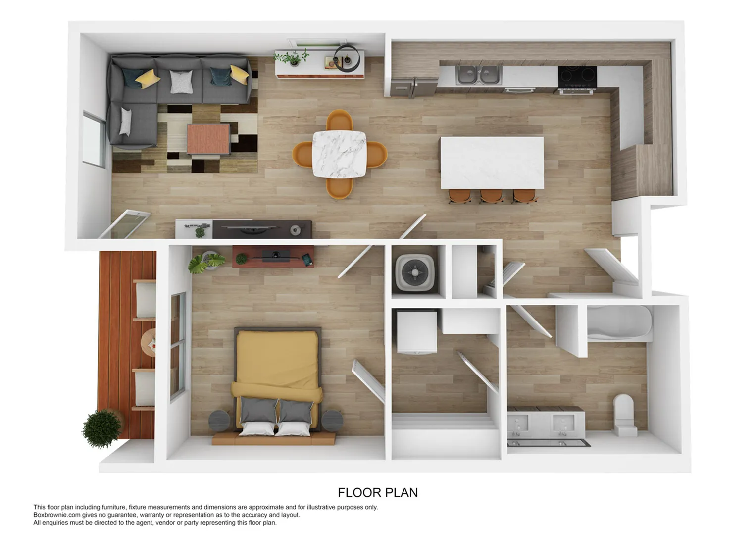 Elegant floor plan showcasing a spacious 1-bedroom apartment with open living area, modern kitchen with island, cozy dining space, and sleek bathroom.