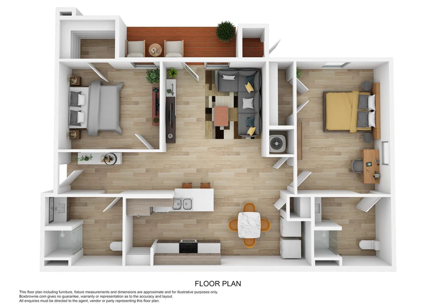 Modern 3D floor plan featuring two spacious bedrooms, a cozy living area, and a functional kitchen with a dining space. Stylish bathroom and private balcony included.