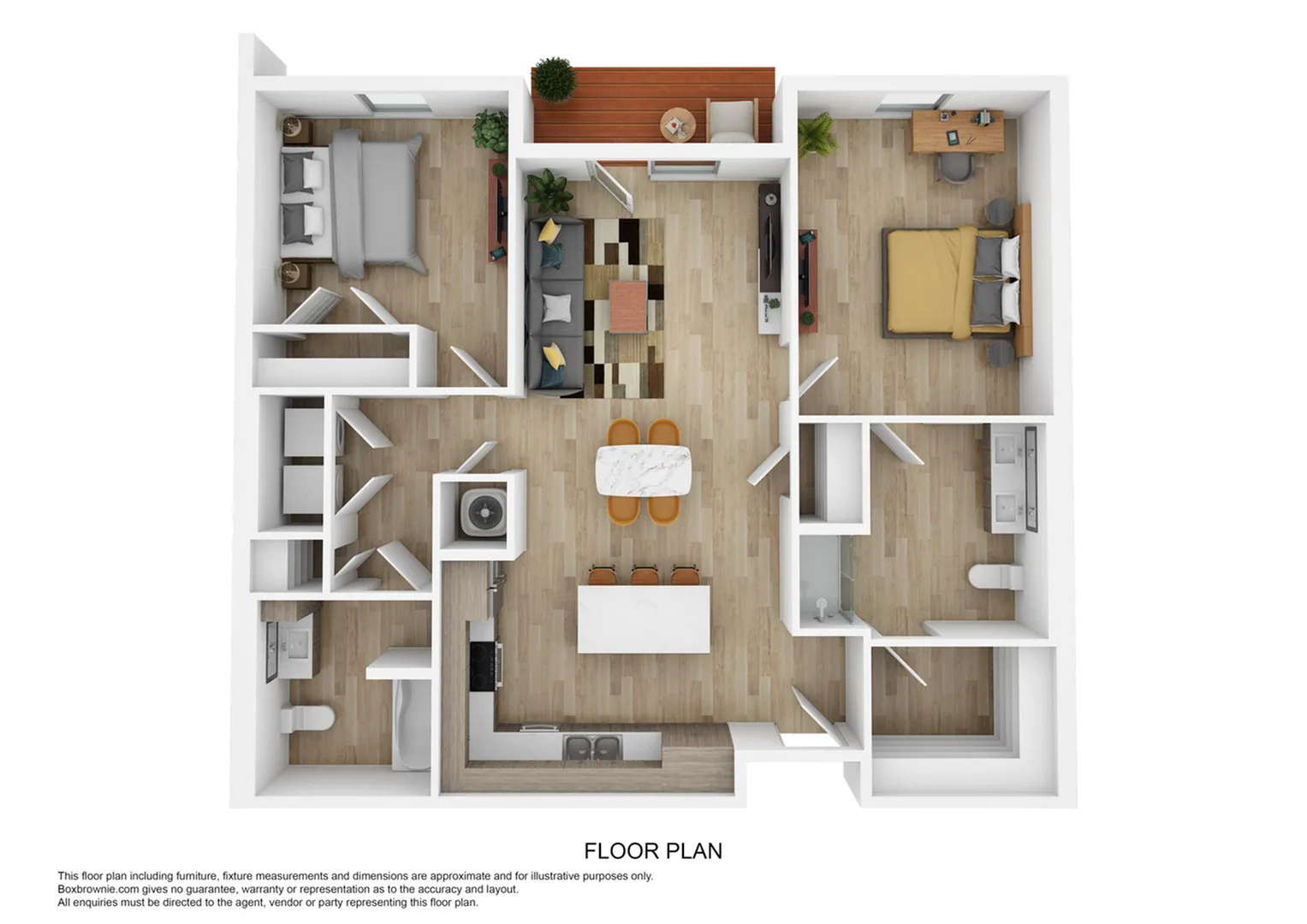 Modern apartment floor plan featuring 2 bedrooms, open living area with stylish kitchen, and cozy balcony.