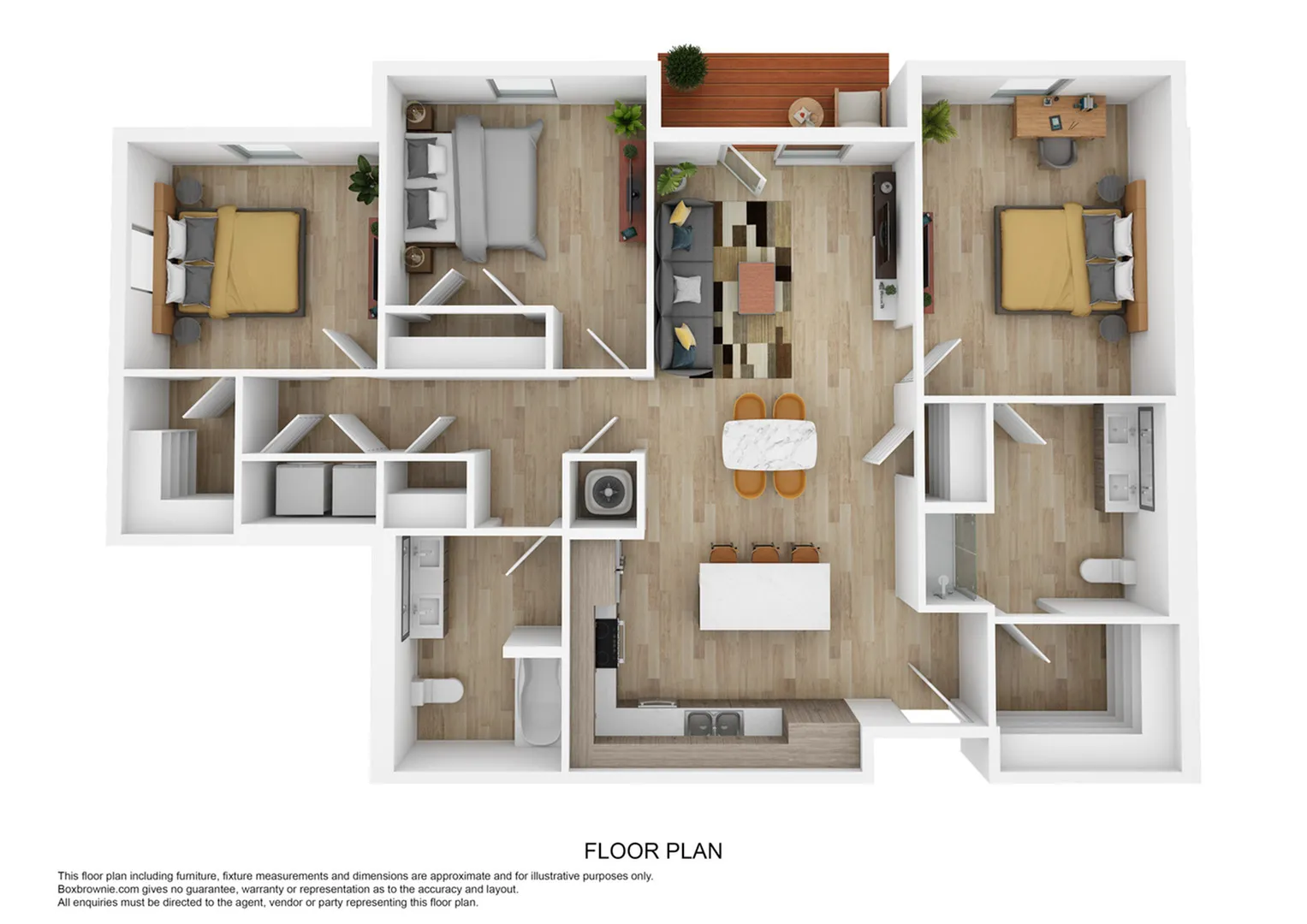 Modern 3D floor plan showcasing 3 cozy bedrooms, an open-concept living and dining area, a stylish kitchen with an island, and a charming balcony for relaxation.
