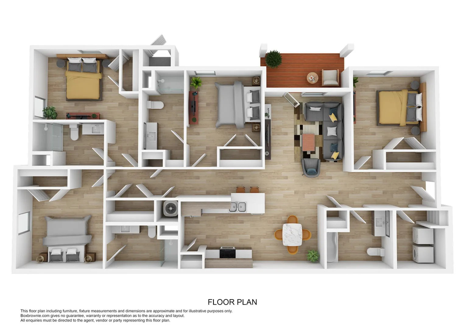 Modern 3D floor plan showcasing a spacious apartment with three bedrooms, open living and dining areas, a sleek kitchen, and a charming balcony.