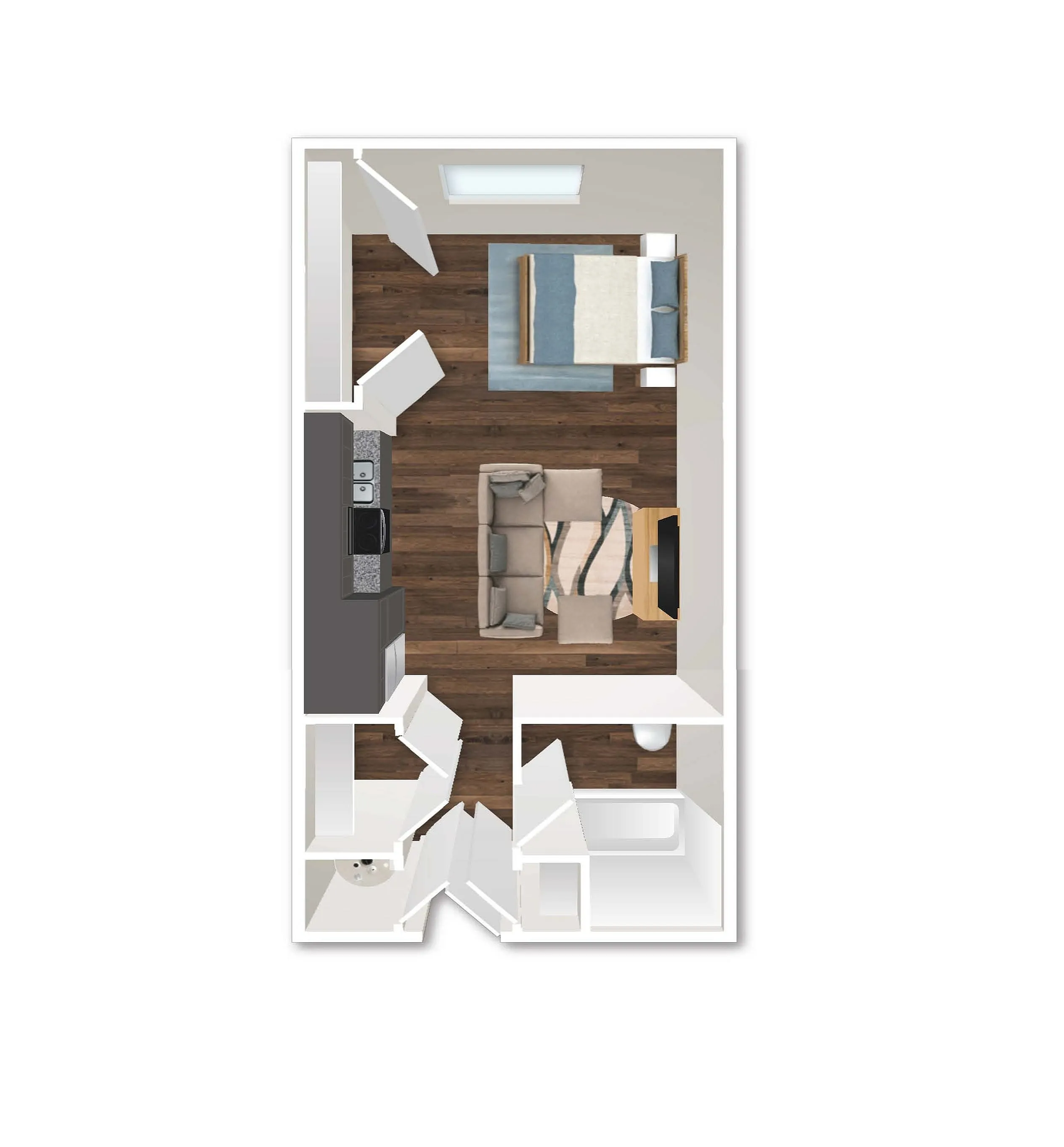 Compact and stylish 1-bedroom apartment floor plan with modern open-concept living and kitchen area, featuring sleek hardwood flooring.