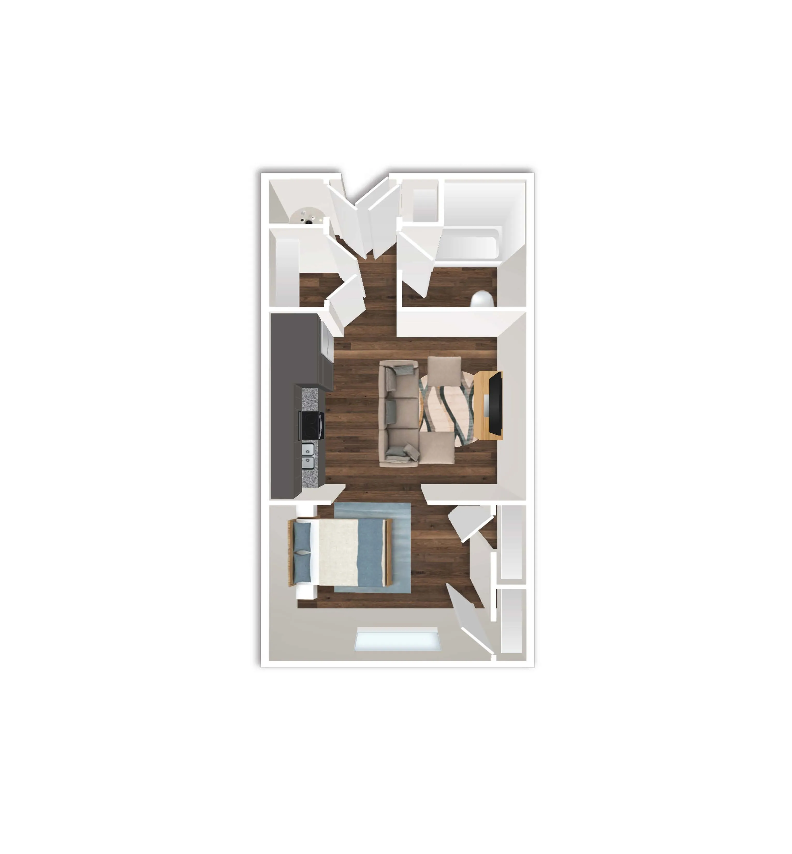 Modern 2D floor plan showcasing a cozy 1-bedroom apartment with an open-concept living area and fully-equipped kitchen.