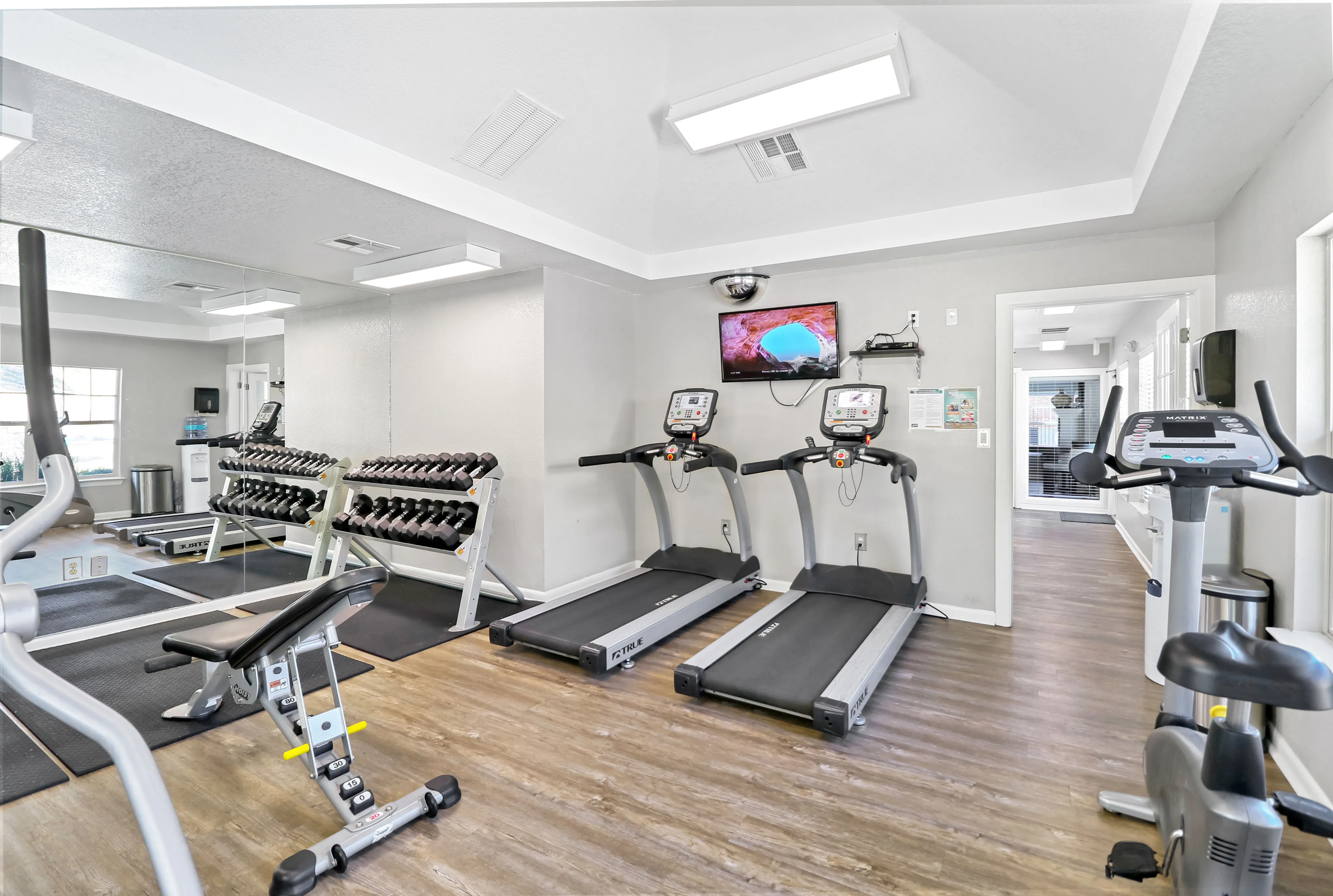 Modern, fully-equipped fitness center featuring treadmills, dumbbells, and exercise bikes for an energetic workout experience.