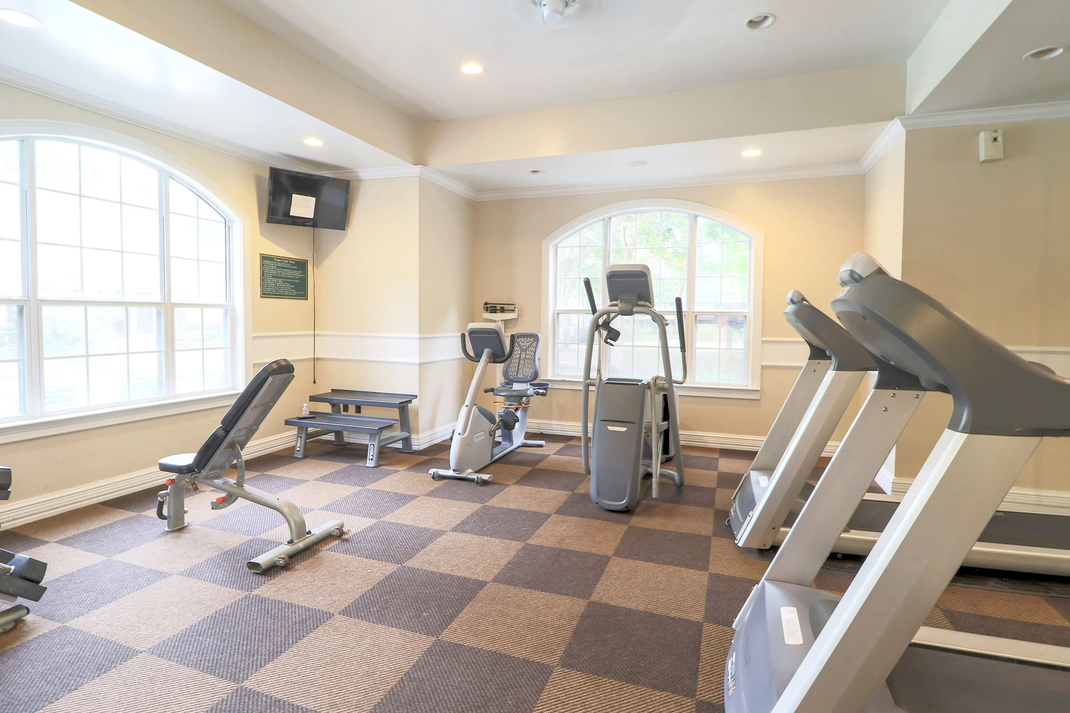 Bright fitness room featuring modern exercise equipment, large windows, and stylish checkered flooring.