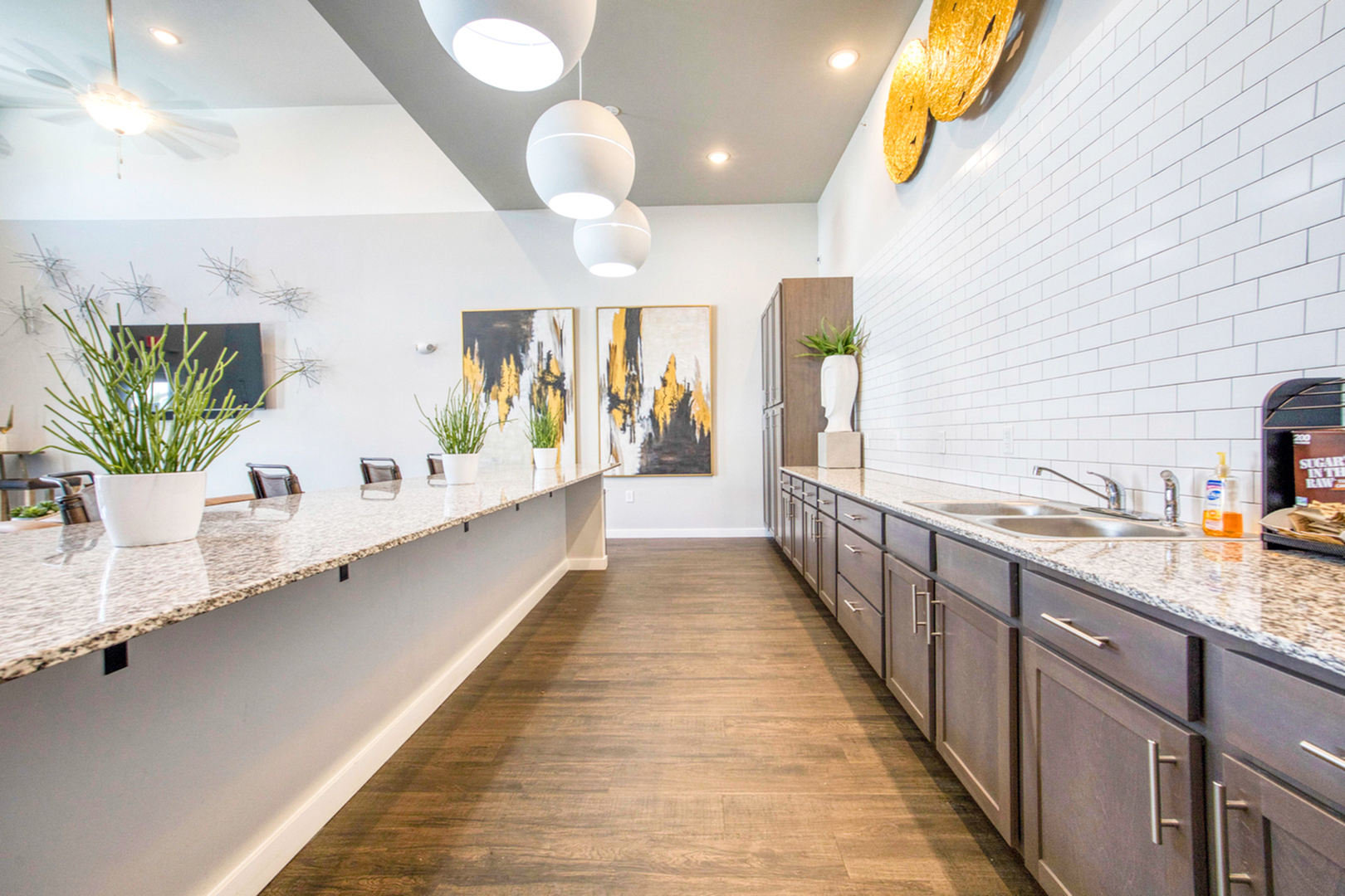 Chic apartment kitchen with sleek granite countertops, modern pendant lighting, and stylish artwork, perfect for culinary creativity.