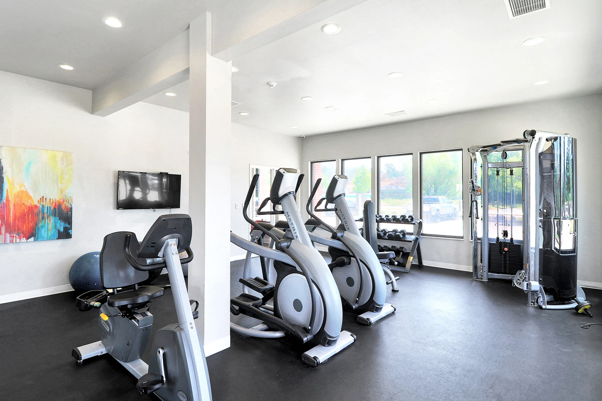 Bright modern fitness center with state-of-the-art exercise equipment, large windows, and vibrant artwork.