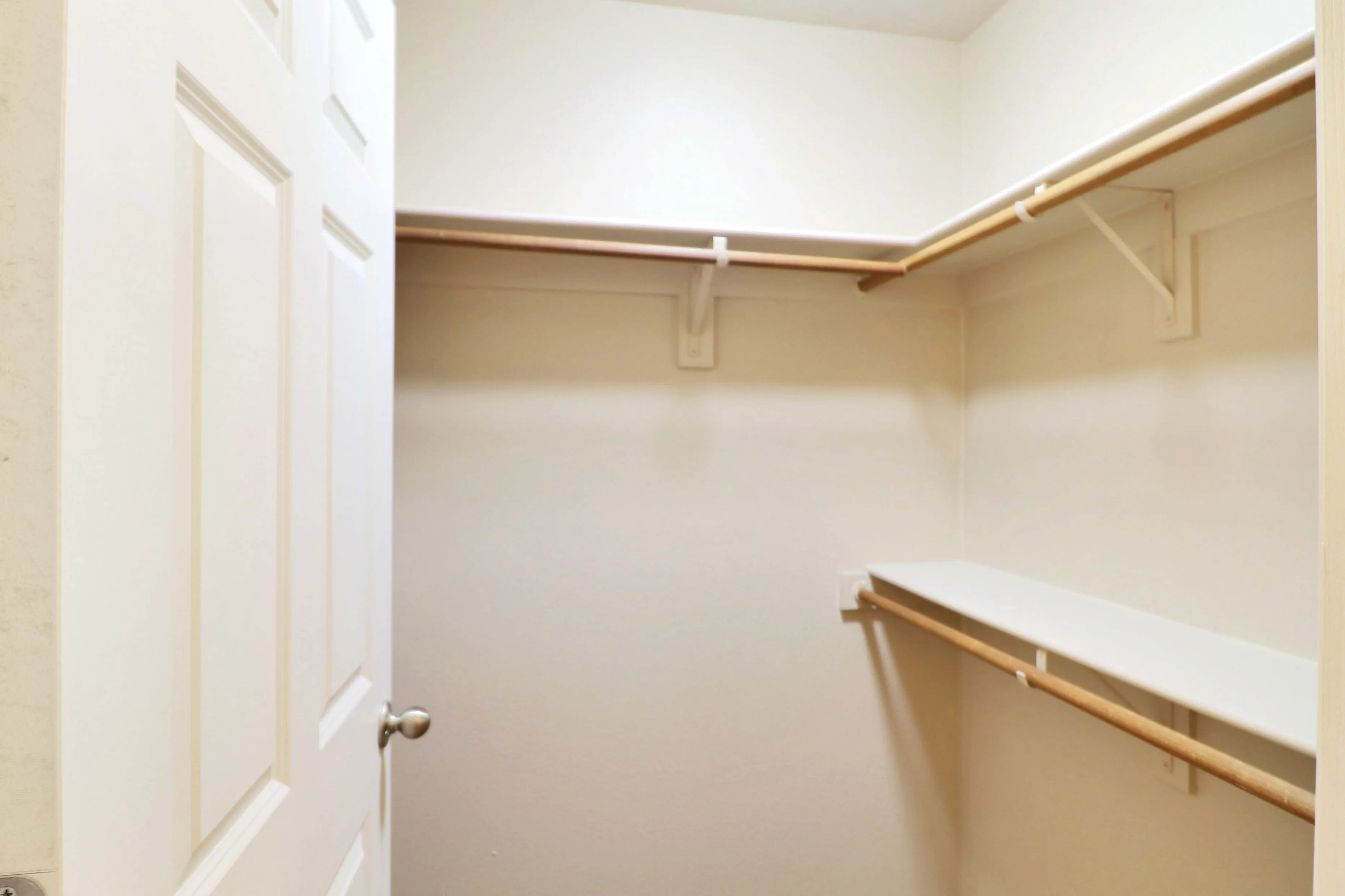 Spacious walk-in closet with ample hanging space and shelving, perfect for organized living.