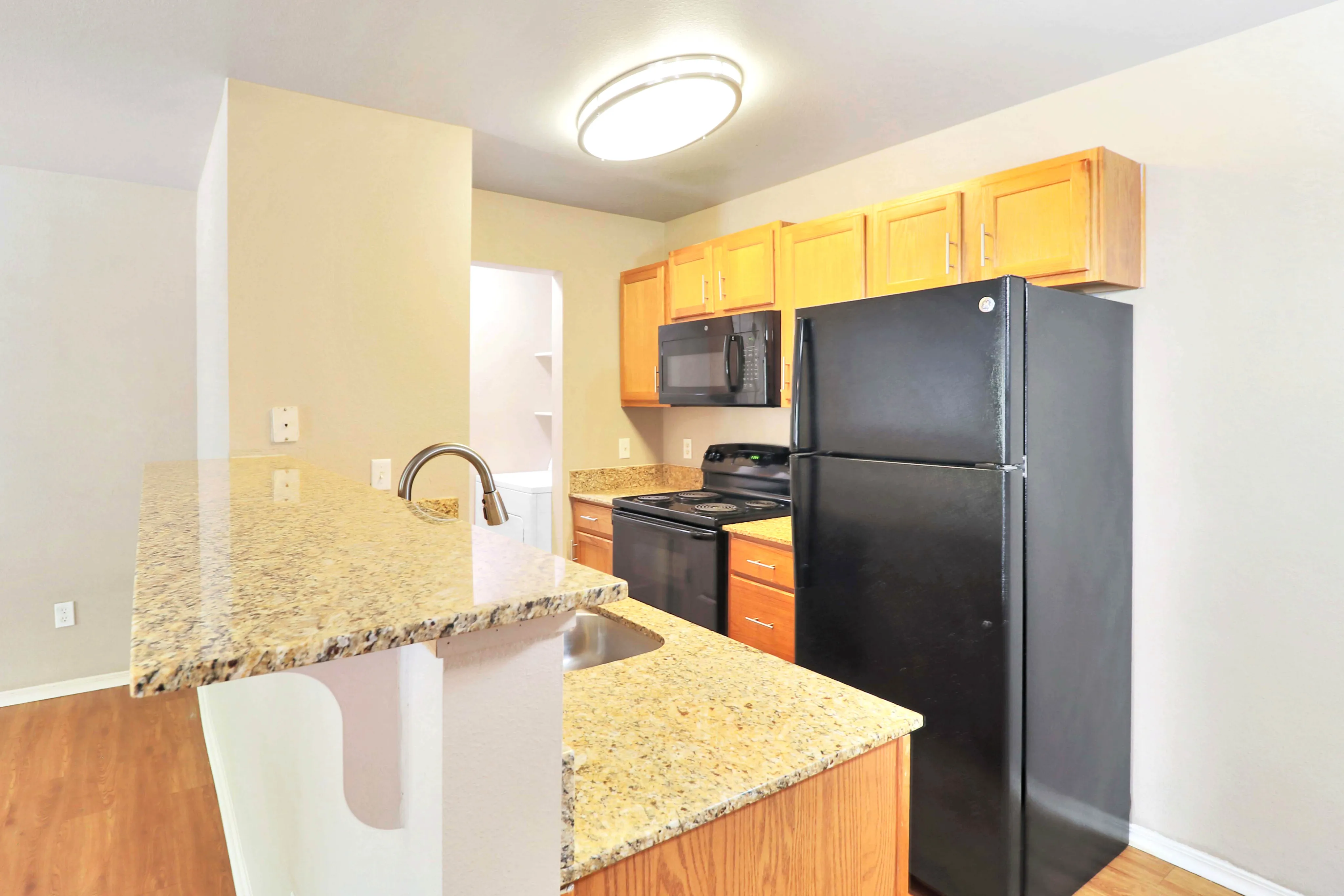 Modern kitchen with sleek granite countertops, elegant wooden cabinetry, and black appliances for a sophisticated look.