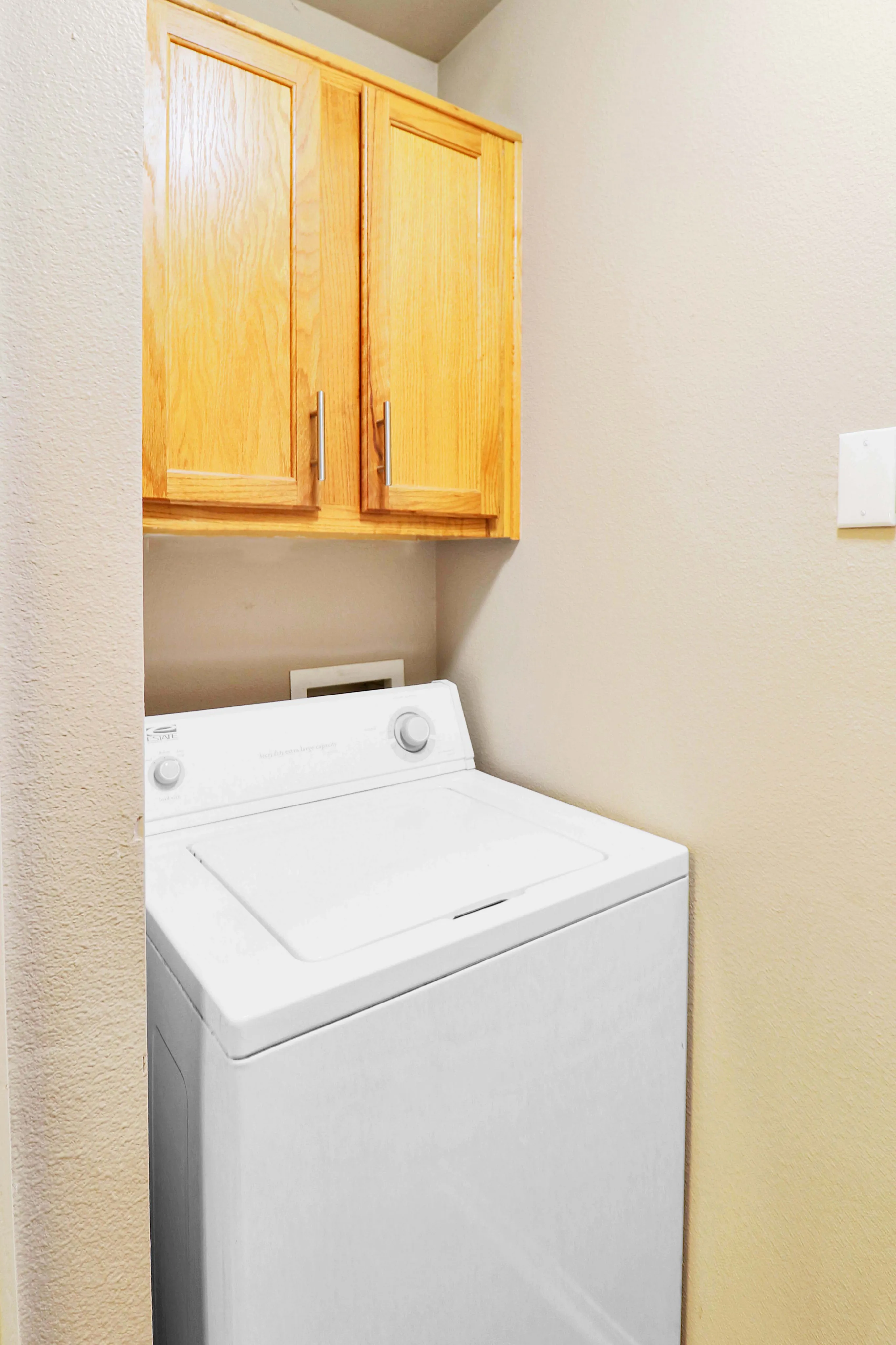 Compact laundry area with a modern washing machine and stylish wooden cabinetry for efficient storage.