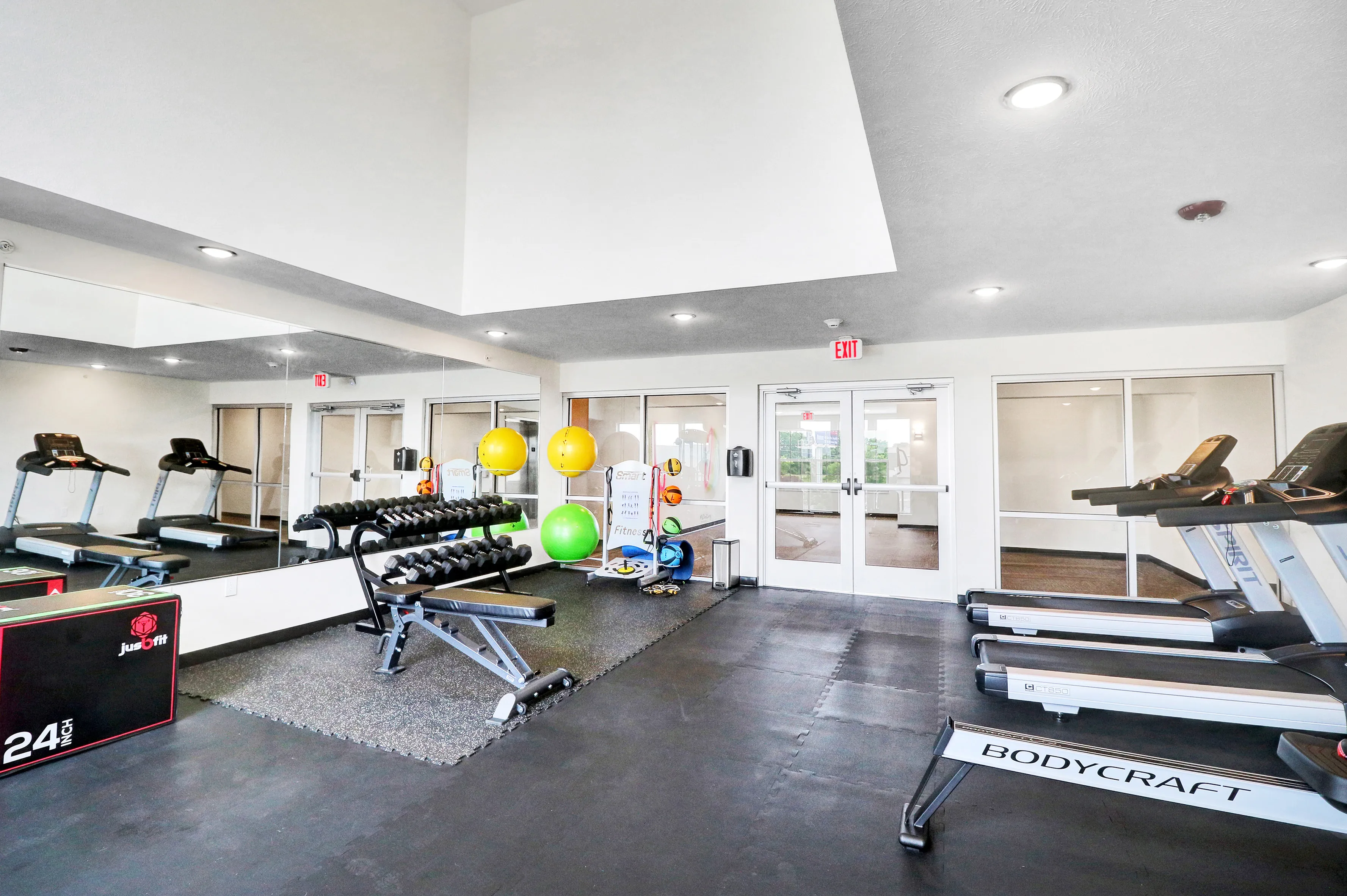 Modern fitness center with treadmills, dumbbells, and vibrant exercise balls, offering a dynamic workout environment.