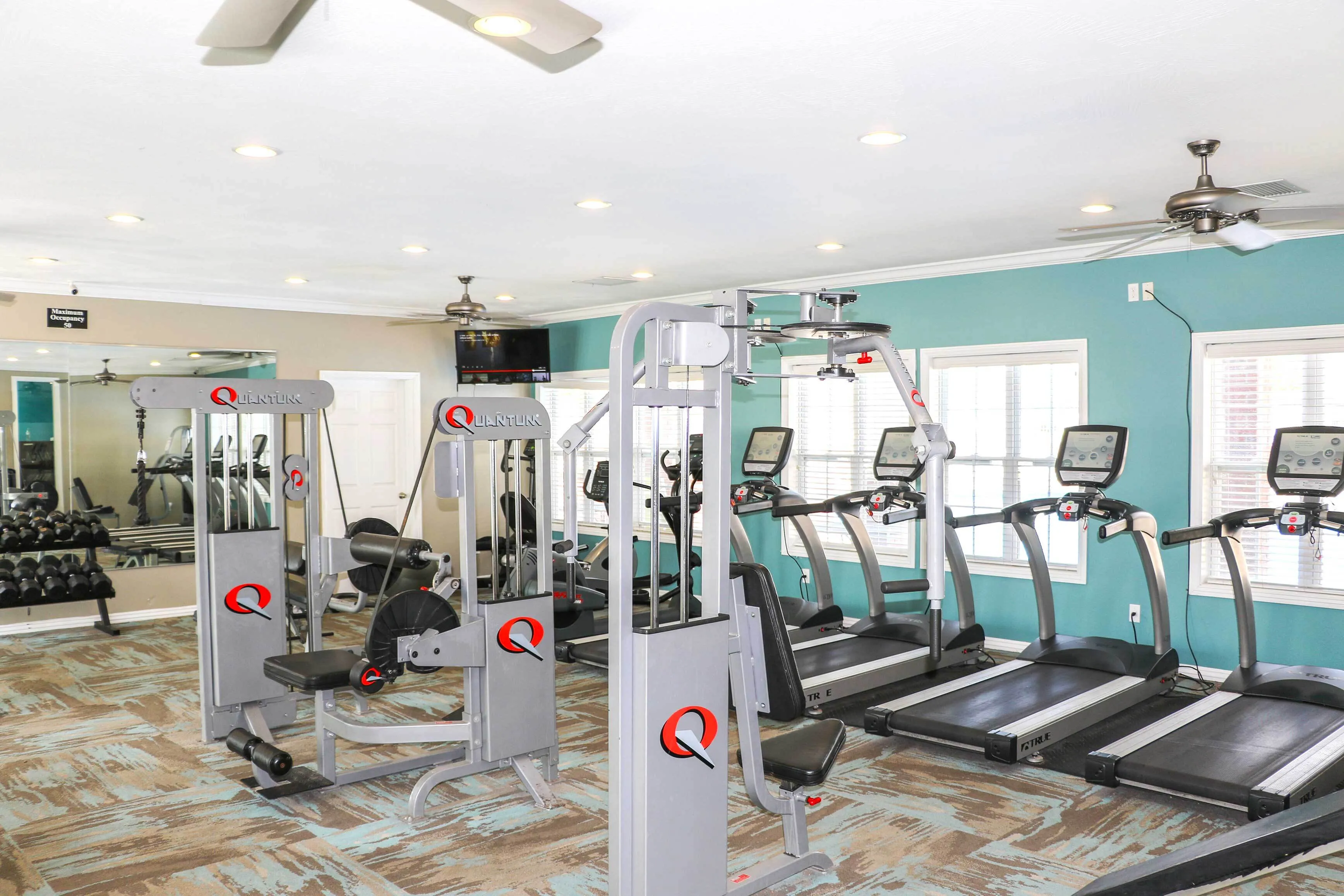 Modern fitness center with state-of-the-art gym equipment, including treadmills and weight machines, in a bright and spacious setting.