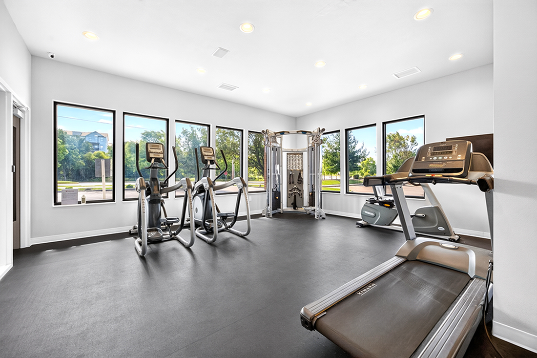 Bright, modern gym with state-of-the-art cardio machines and lush outdoor views.