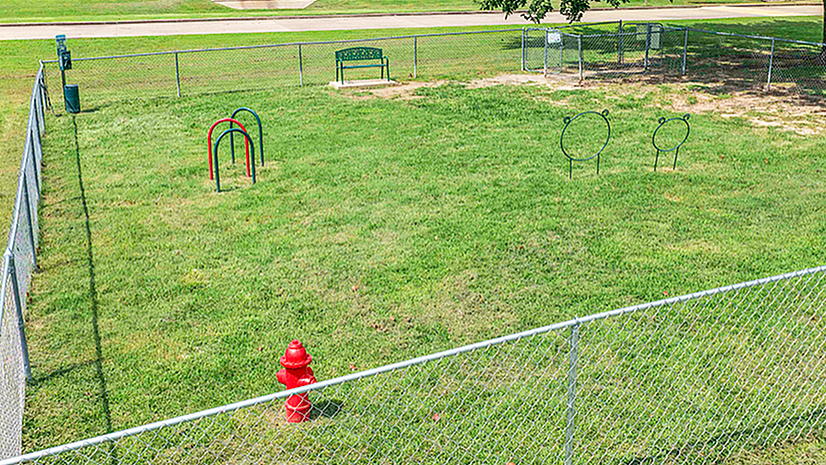 Charming fenced green space in a vibrant community setting featuring a playground, tree shade, and nearby parking.