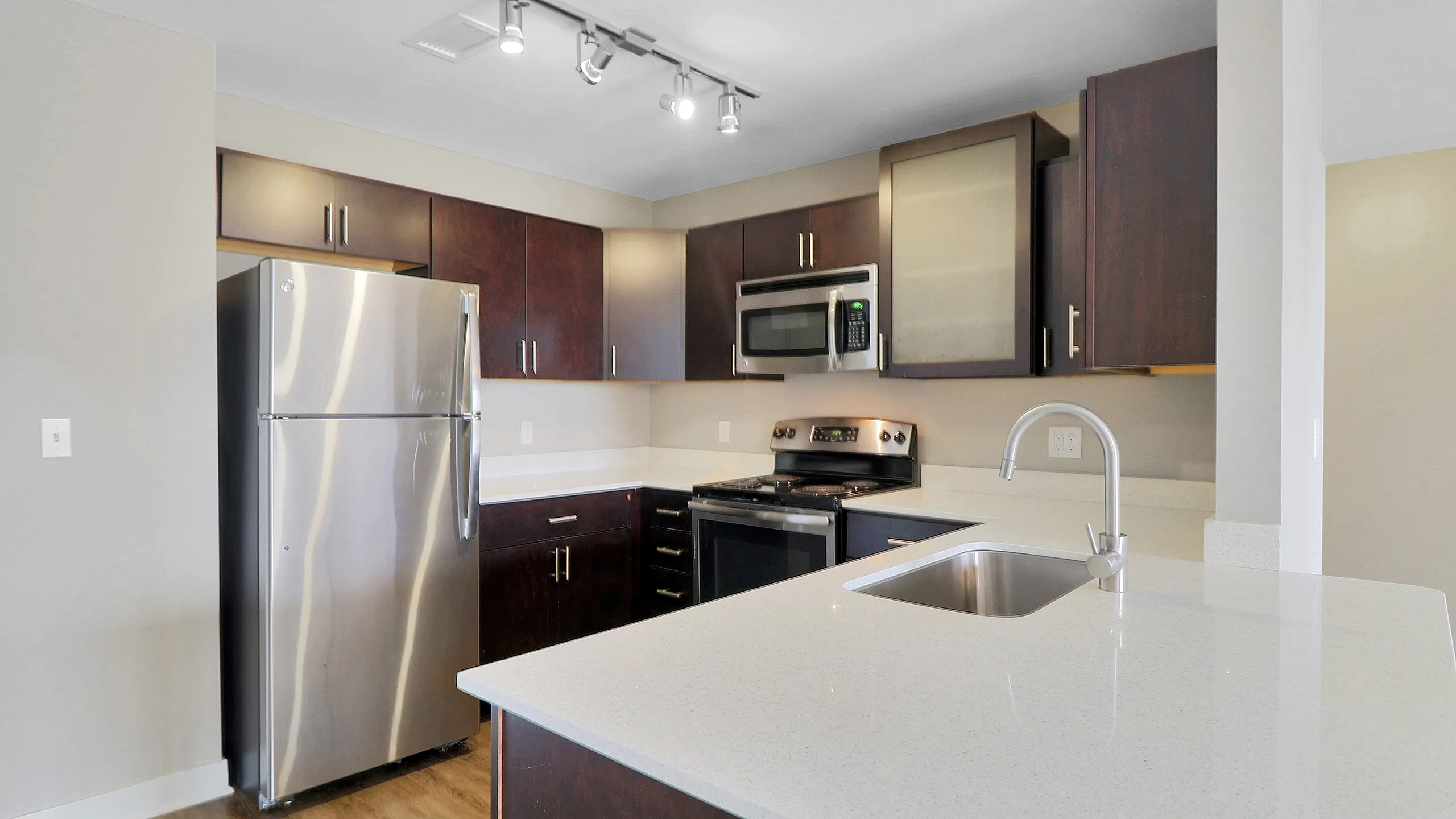 Modern kitchen with sleek stainless steel appliances, dark wood cabinets, and a spacious quartz countertop under stylish track lighting.