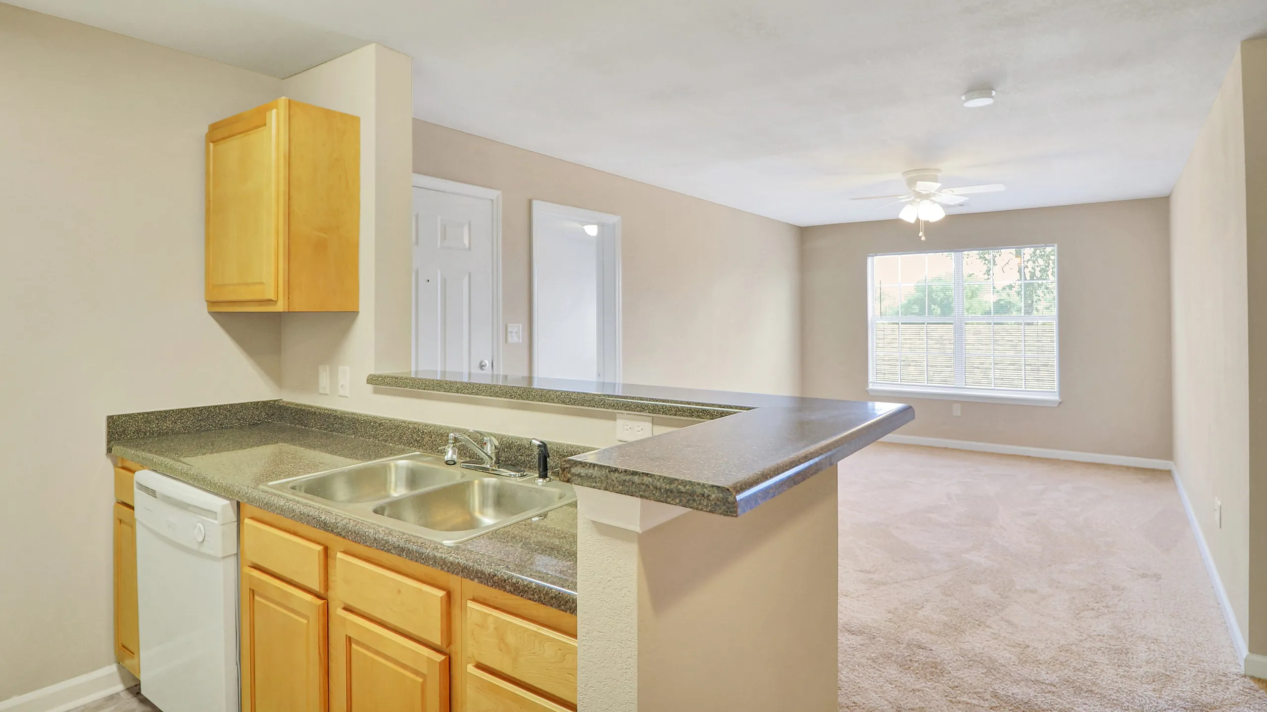 Inviting open-concept living area with a modern kitchen, featuring sleek countertops, wooden cabinets, and abundant natural light.