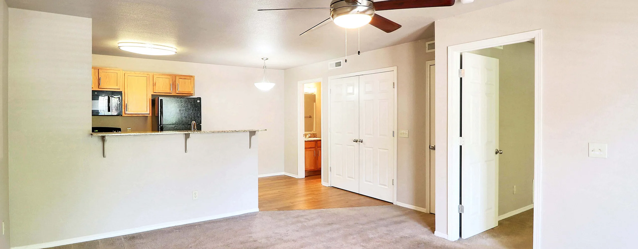 Inviting open-plan living space with soft carpet flooring, modern ceiling fan, and a cozy kitchen featuring natural wood cabinets and sleek appliances.