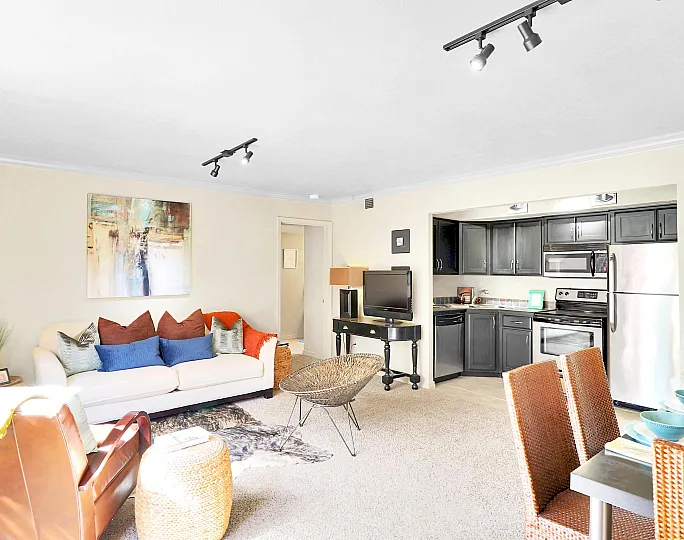 Bright open-concept living room with cozy seating, modern kitchen with stainless steel appliances, and stylish dining area.