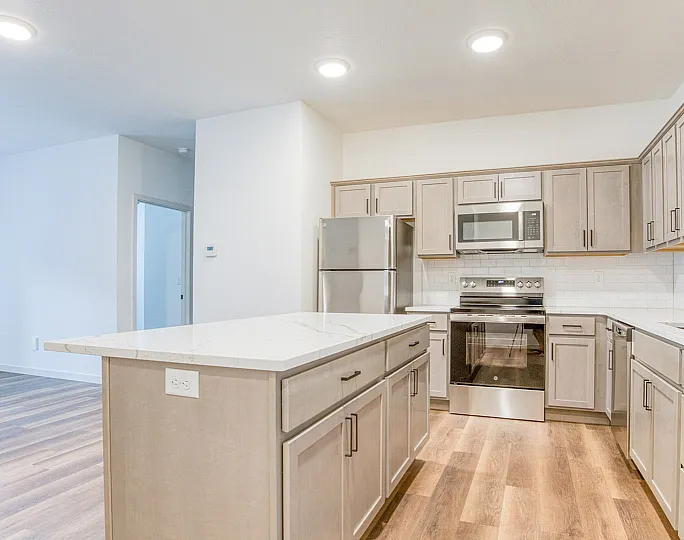 Spacious modern kitchen with sleek stainless steel appliances, elegant cabinetry, and a large marble-topped island.