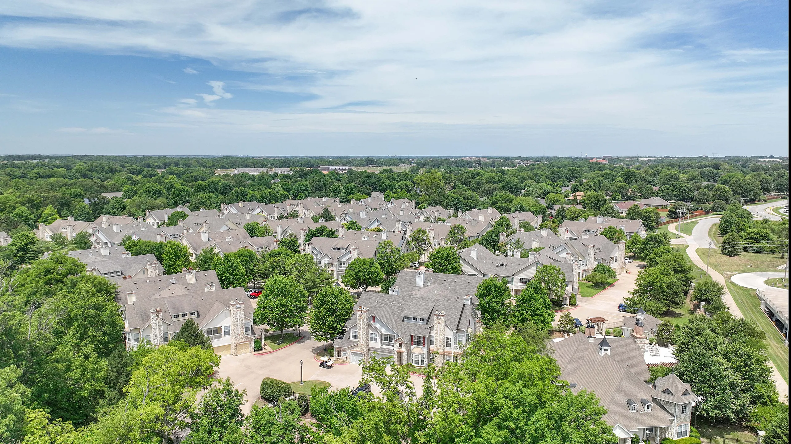 Aerial view of charming residential community with elegant homes nestled among lush green trees and scenic landscape.