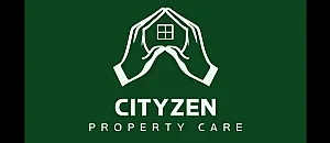 Elegant logo of Cityzen Property Care featuring hands forming a house shape over a window, exuding trust and reliability with a deep green background for a professional look.