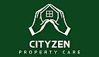 Elegant Cityzen Property Care logo with hands forming a house shape, symbolizing protection and reliability on a rich green background.