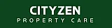 Elegant logo of Cityzen Property Care featuring hands forming a house shape around a window, set against a rich green background.